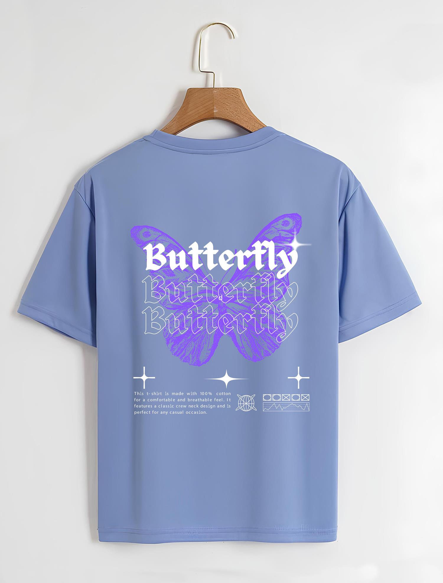 Unisex Oversize Bisiklet Yaka Butterfly Baskılı Basic T-Shirt - MAVİ