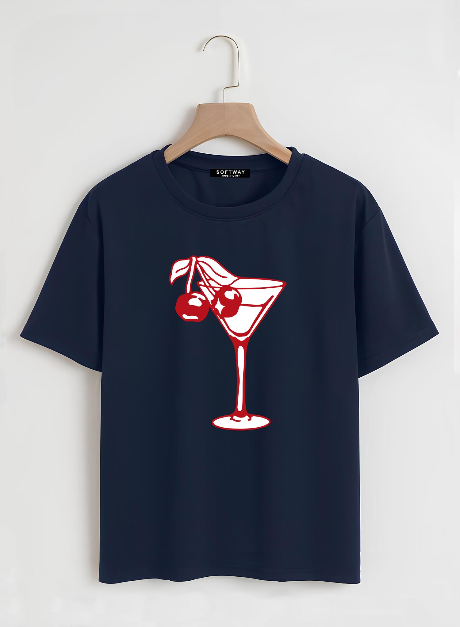 Unisex Oversize Bisiklet Yaka Cherry Cocktail Baskılı Basic T-Shirt - LACİVERT