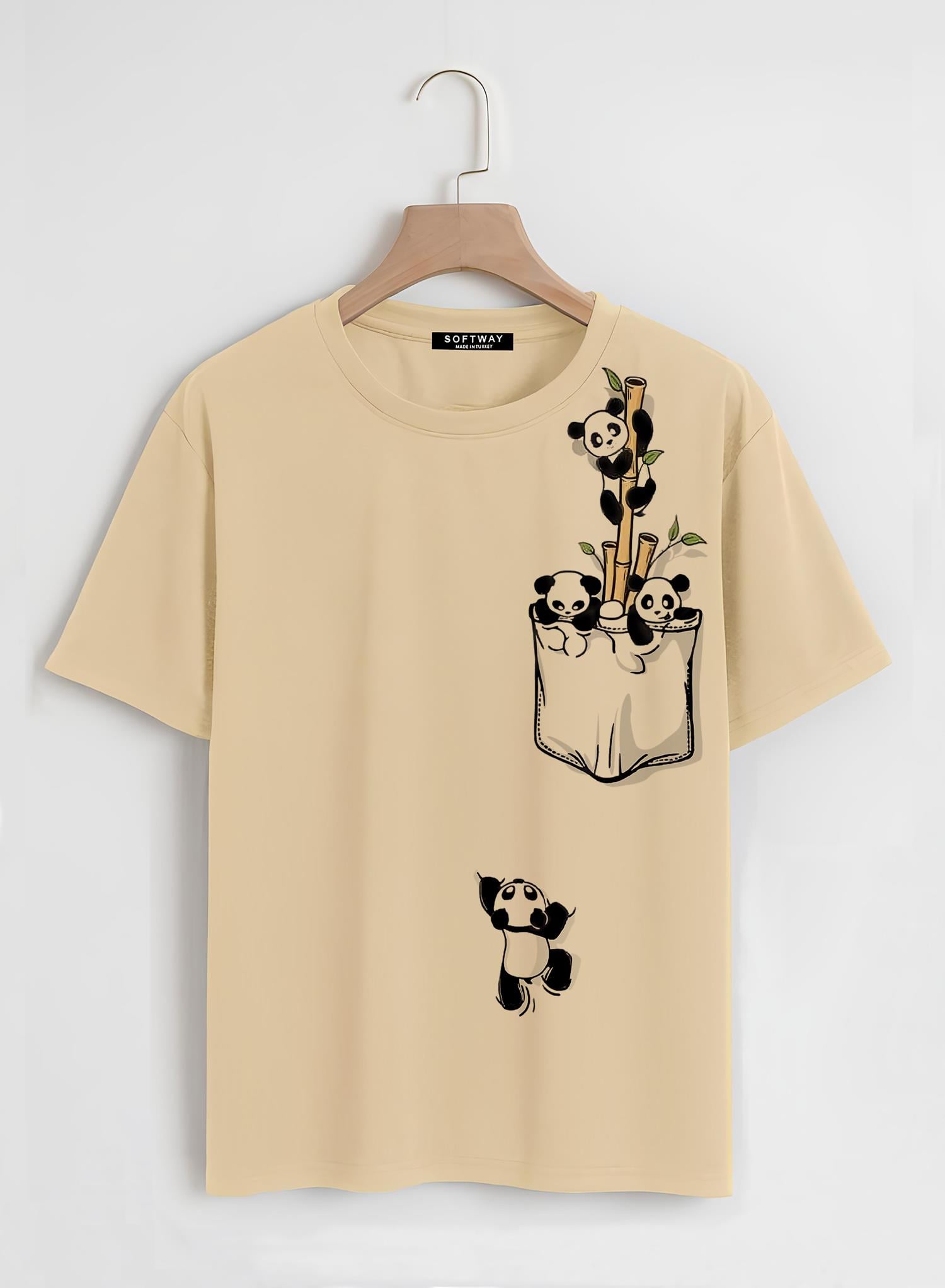 Unisex Oversize Bisiklet Yaka Climbing Panda Baskılı Basic T-Shirt - BEJ