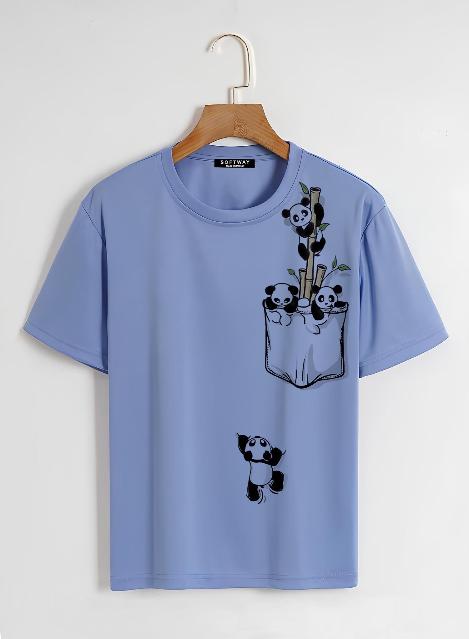 Unisex Oversize Bisiklet Yaka Climbing Panda Baskılı Basic T-Shirt - MAVİ