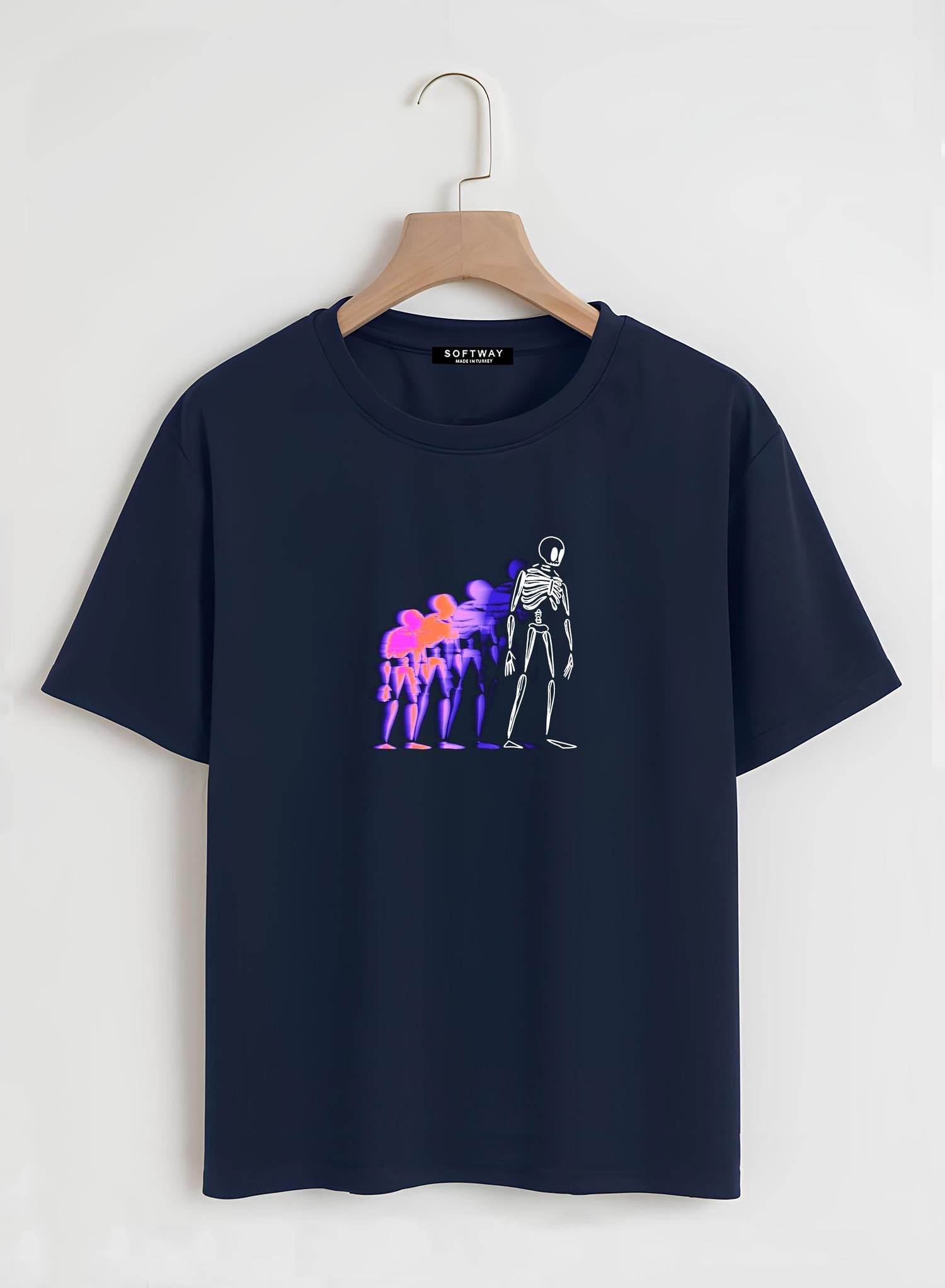 Unisex Oversize Bisiklet Yaka Colorful Skeleton Baskılı Basic T-Shirt - LACİVERT