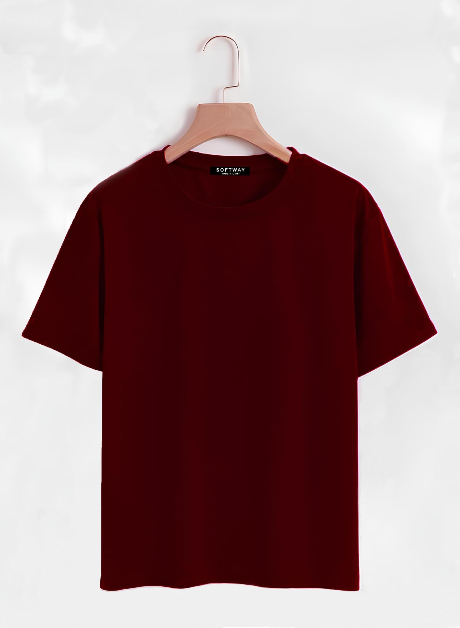 Unisex Oversize Bisiklet Yaka Düz Basic T-Shirt - BORDO