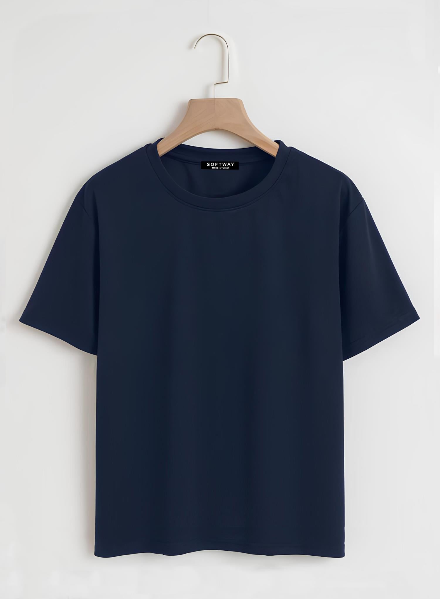 Unisex Oversize Bisiklet Yaka Düz Basic T-Shirt - LACİVERT