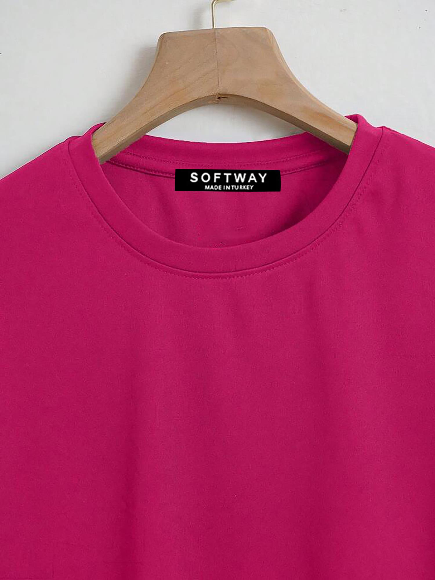 Unisex Oversize Bisiklet Yaka Düz Basic T-Shirt - FUŞYA
