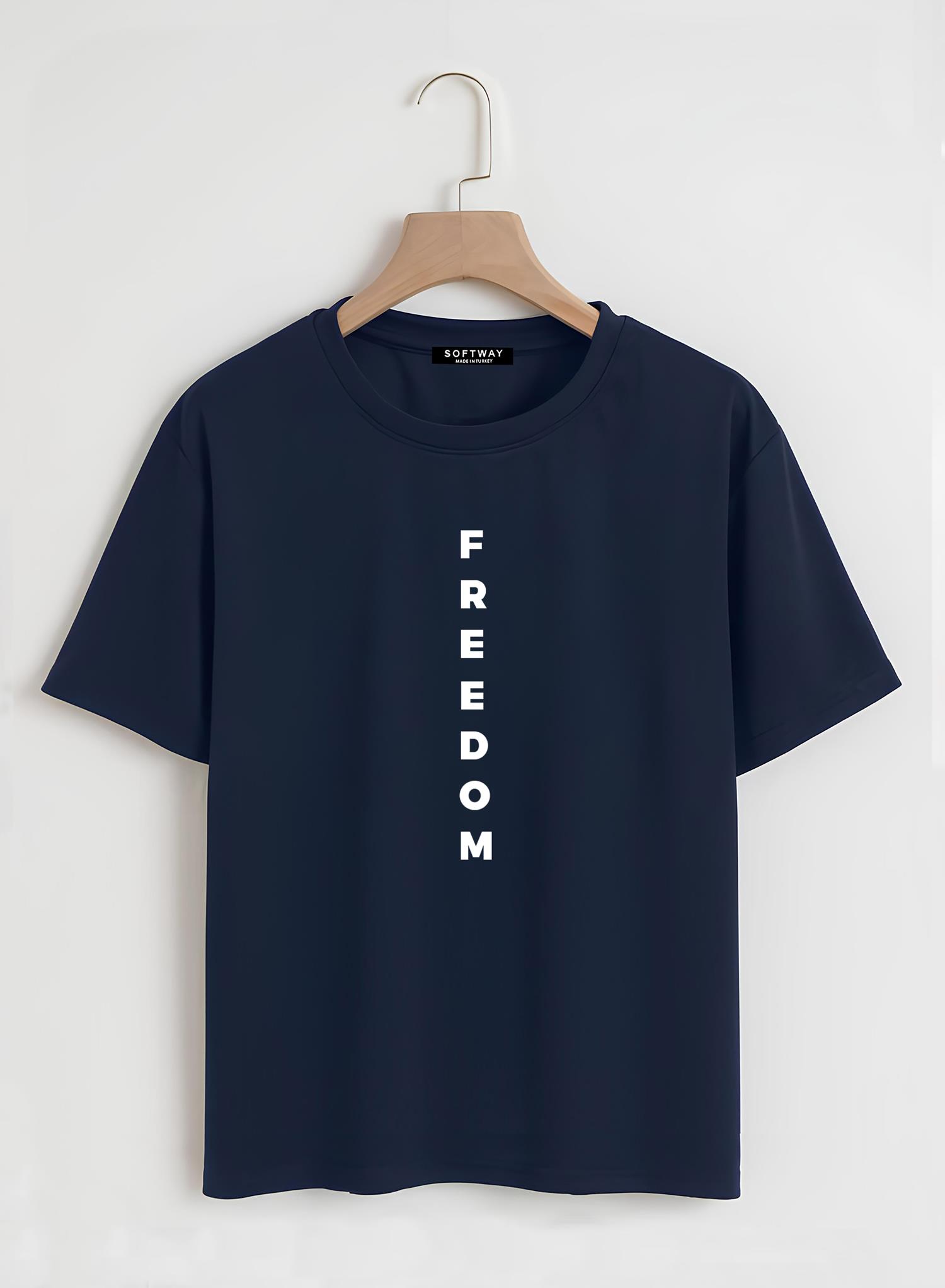 Unisex Oversize Bisiklet Yaka Freedom Baskılı Basic T-Shirt - LACİVERT