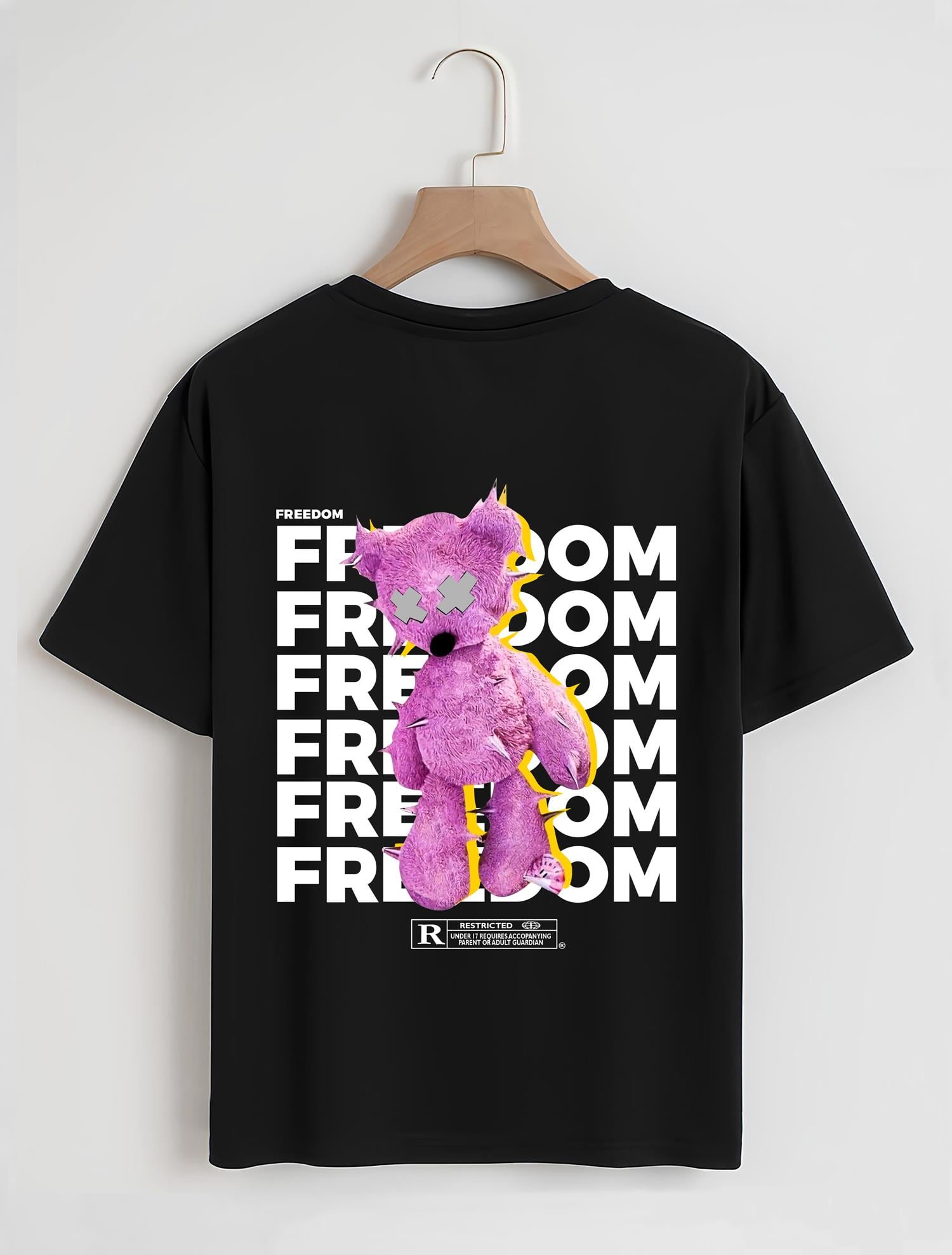 Unisex Oversize Bisiklet Yaka Freedom Baskılı Basic T-Shirt - SİYAH