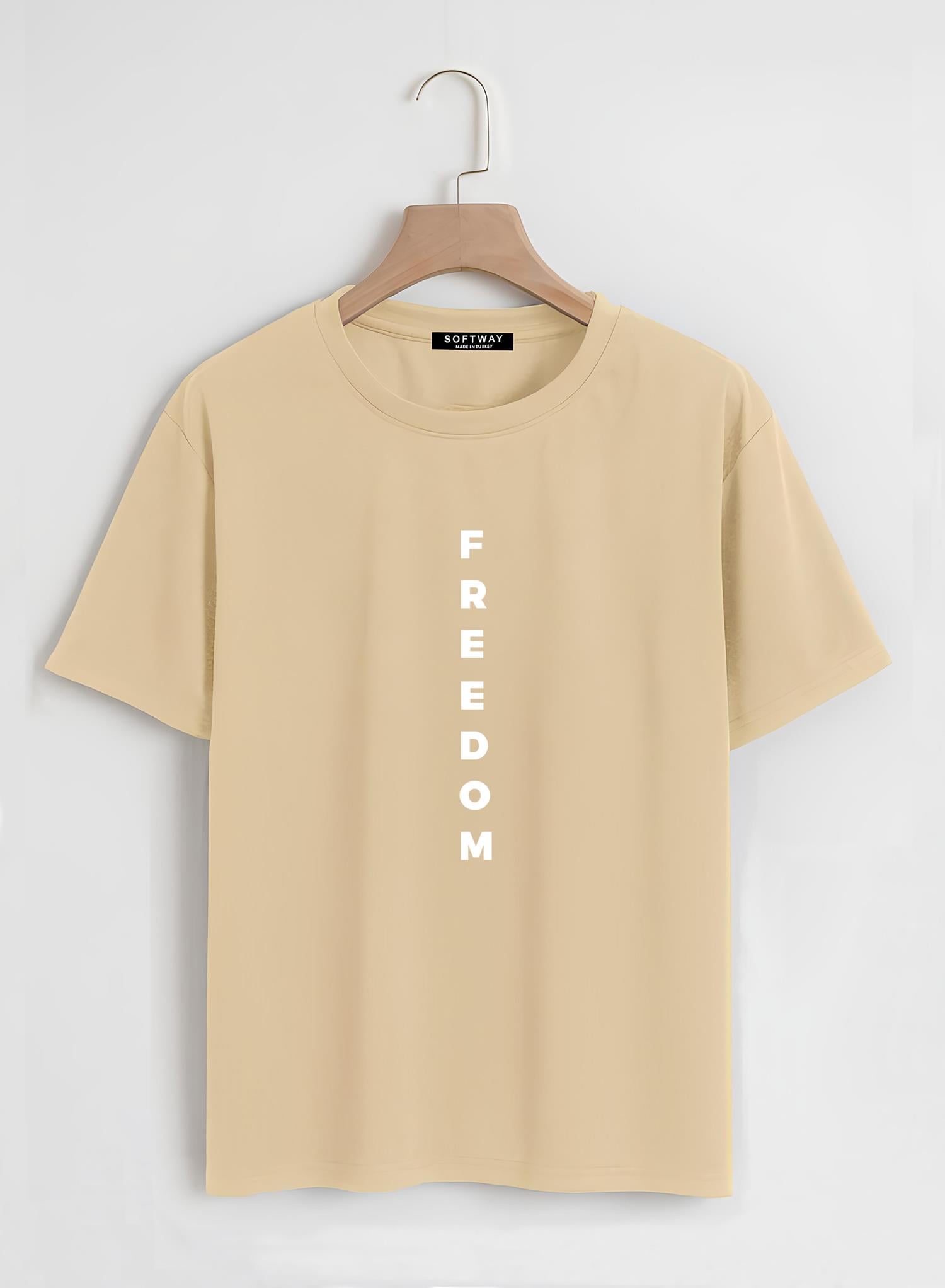 Unisex Oversize Bisiklet Yaka Freedom Baskılı Basic T-Shirt - BEJ