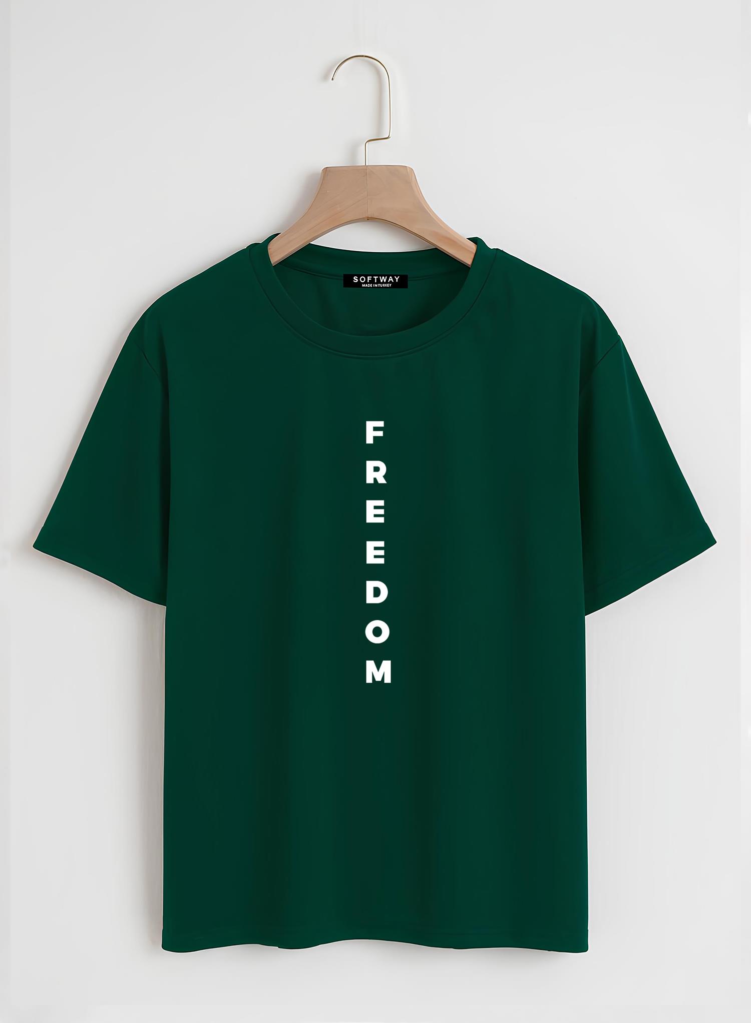 Unisex Oversize Bisiklet Yaka Freedom Baskılı Basic T-Shirt - KOYU YEŞİL