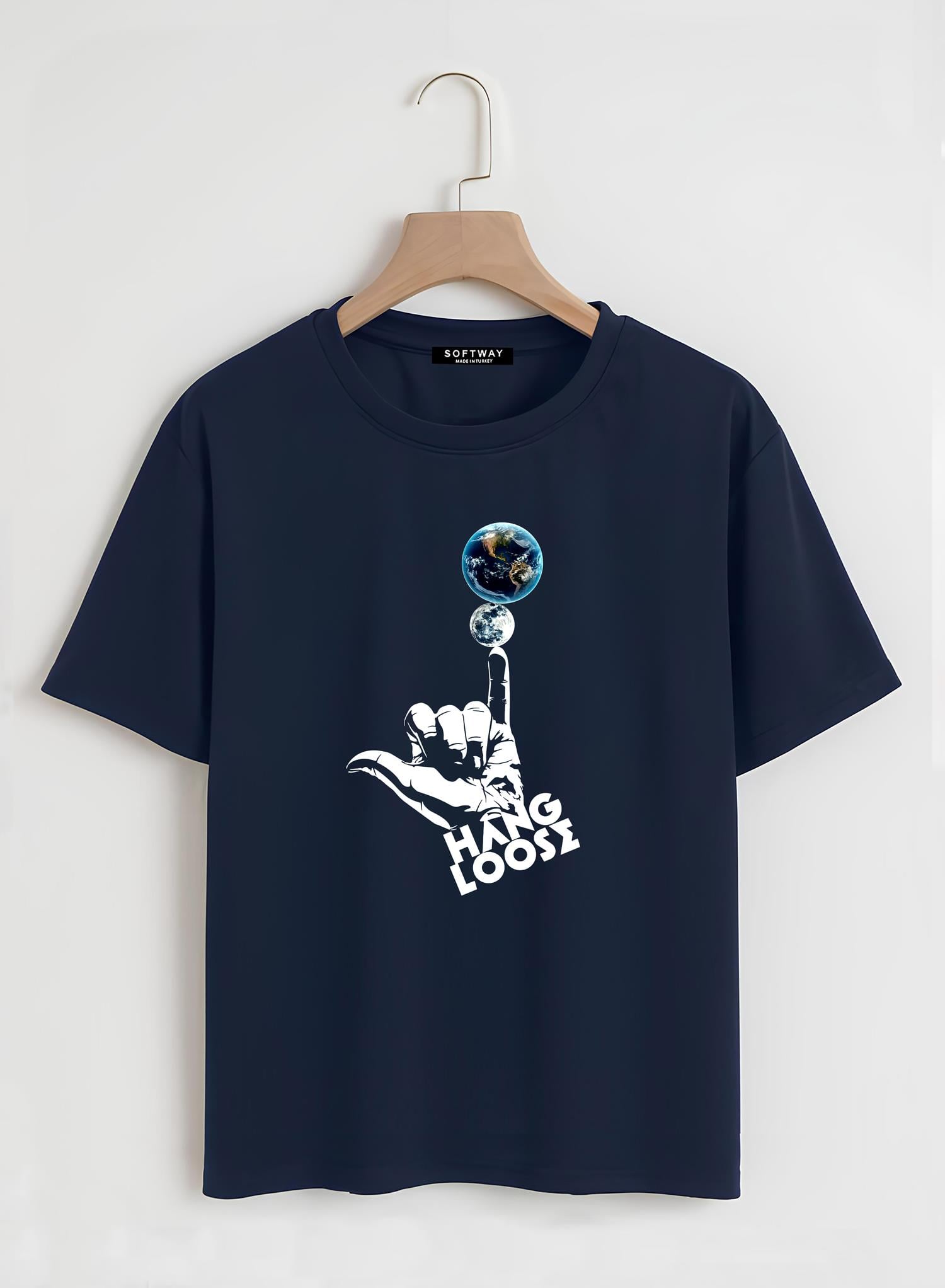 Unisex Oversize Bisiklet Yaka Hang Loose Baskılı Basic T-Shirt - LACİVERT