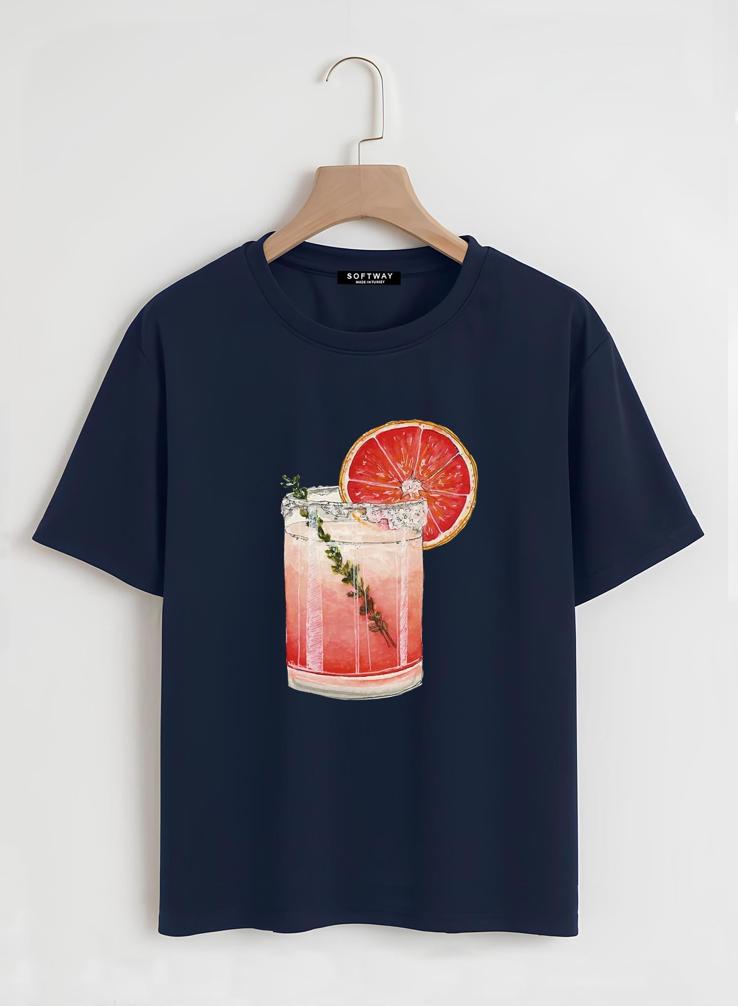 Unisex Oversize Bisiklet Yaka Orange Cocktail Baskılı Basic T-Shirt - LACİVERT