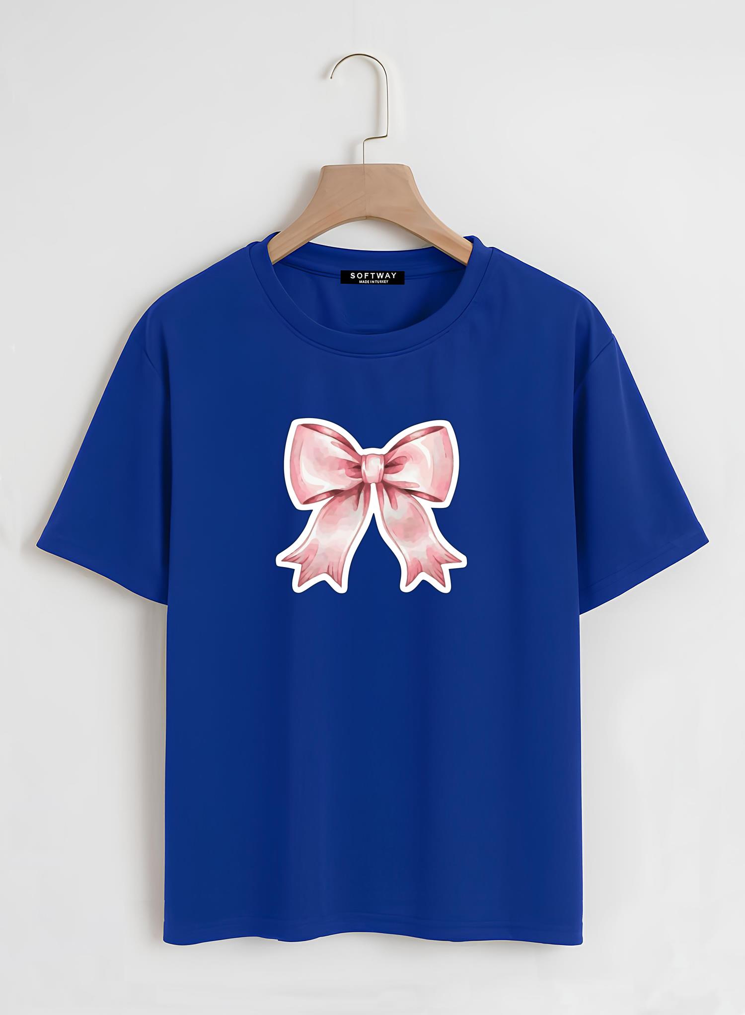 Unisex Oversize Bisiklet Yaka Powder Pink Ribbon Baskılı Basic T-Shirt - SAKS MAVİSİ