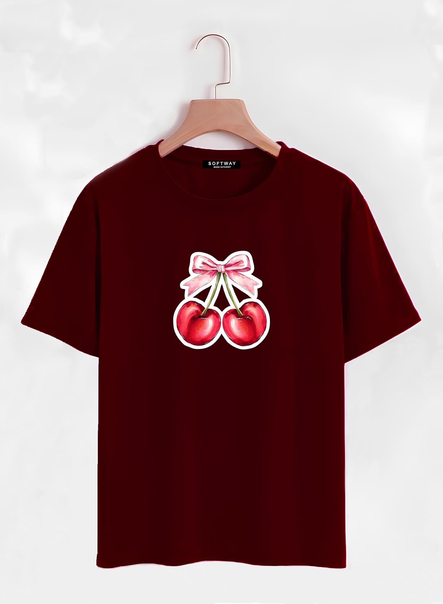 Unisex Oversize Bisiklet Yaka Ribbon Cherry Baskılı Basic T-Shirt - BORDO