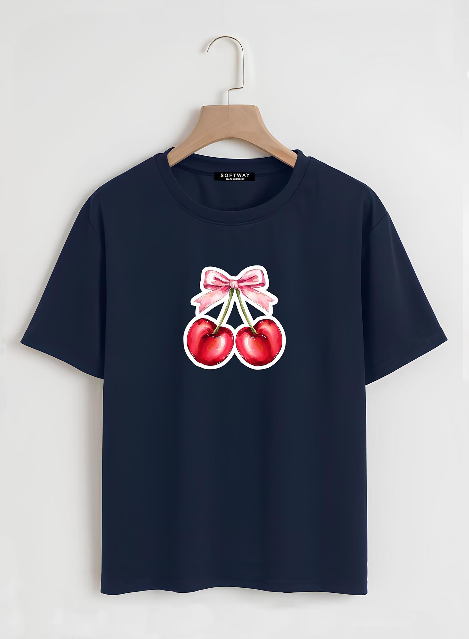 Unisex Oversize Bisiklet Yaka Ribbon Cherry Baskılı Basic T-Shirt - LACİVERT