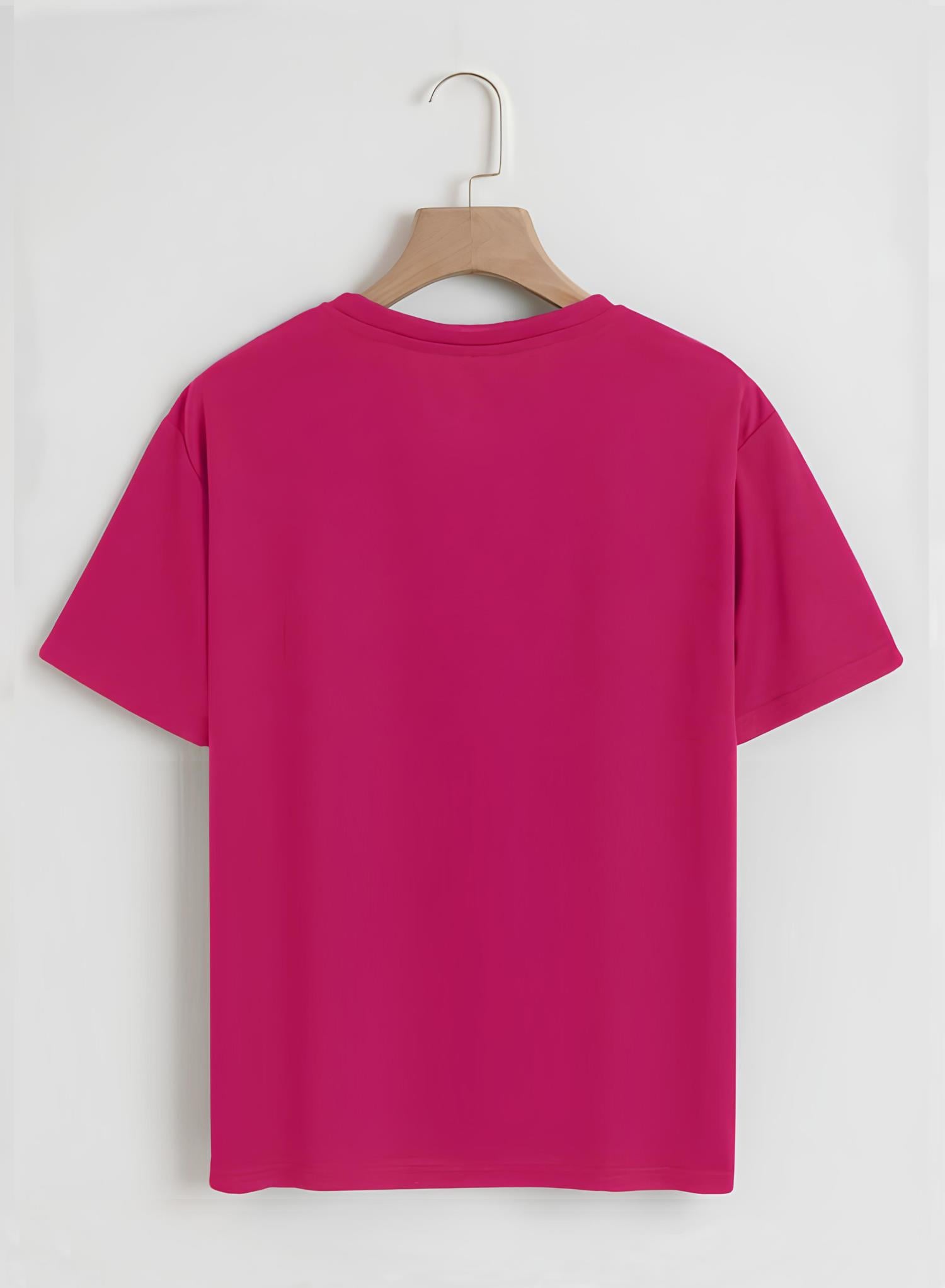 Unisex Oversize Bisiklet Yaka Ribbon Cherry Baskılı Basic T-Shirt - FUŞYA