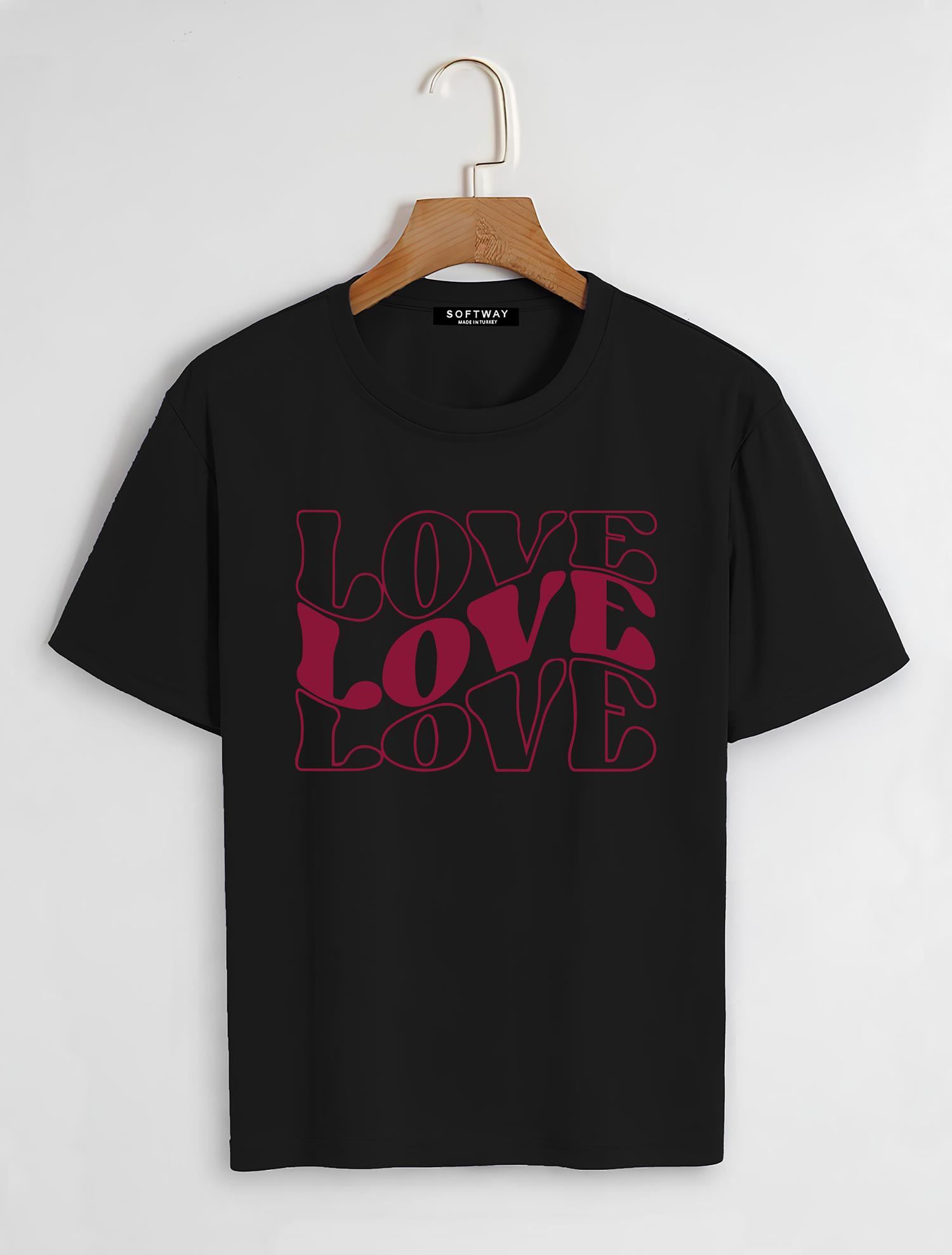 Unisex Oversize Bisiklet Yaka Theree Love Baskılı Basic T-Shirt - SİYAH