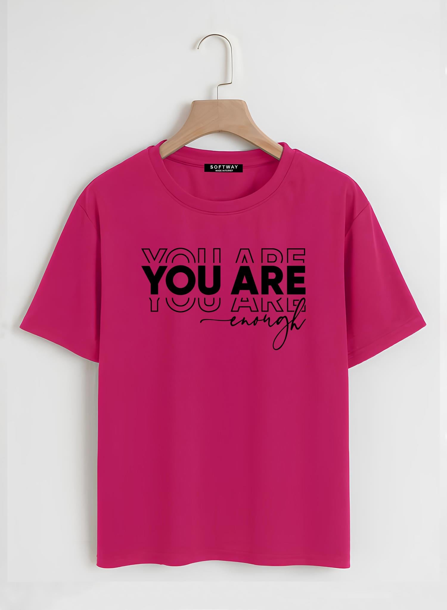 Unisex Oversize Bisiklet Yaka You Are Baskılı Basic T-Shirt - FUŞYA