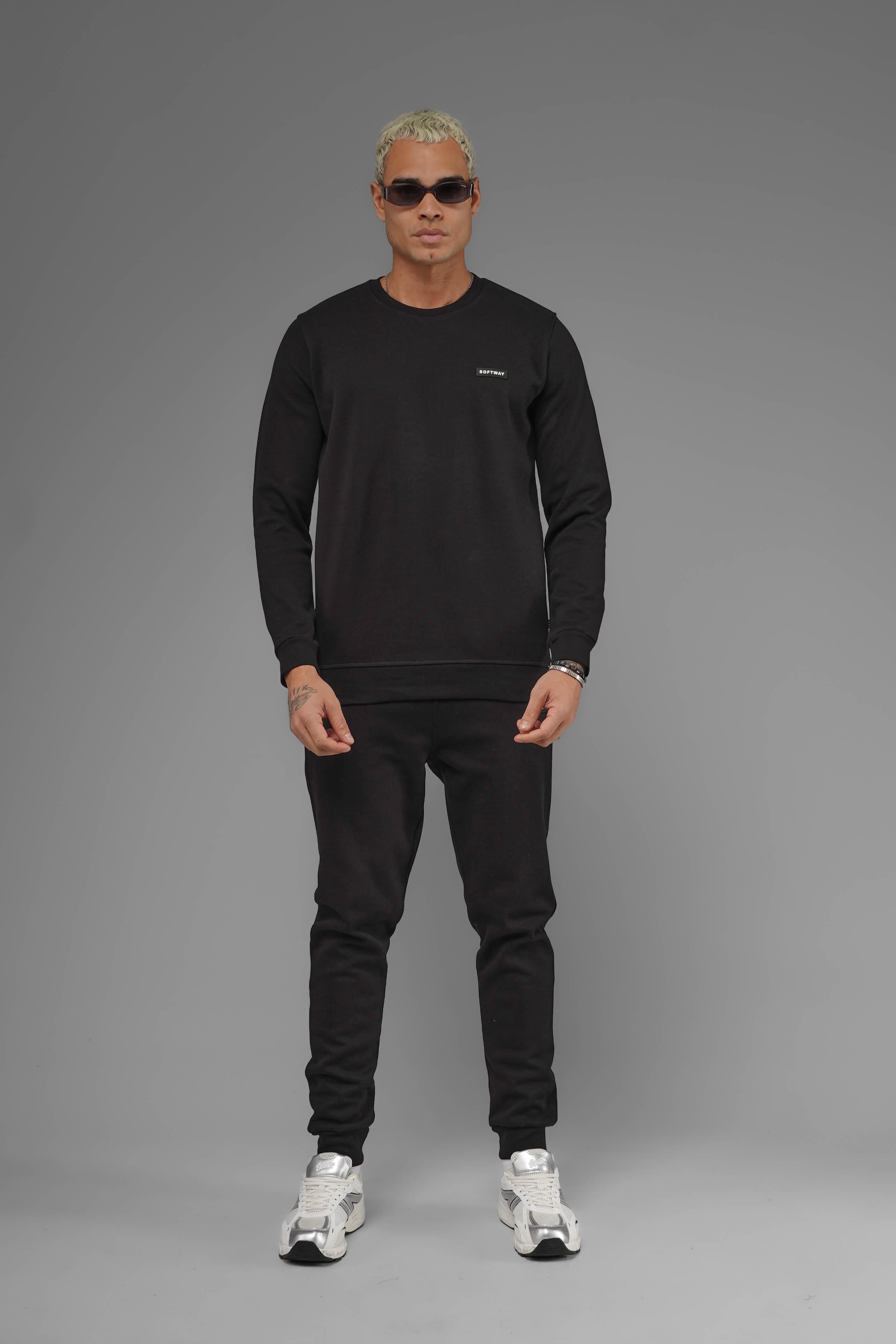 Unisex Regular Fit Bisiklet Yaka Dokulu İnterlok Pike Sweatshirt - Siyah