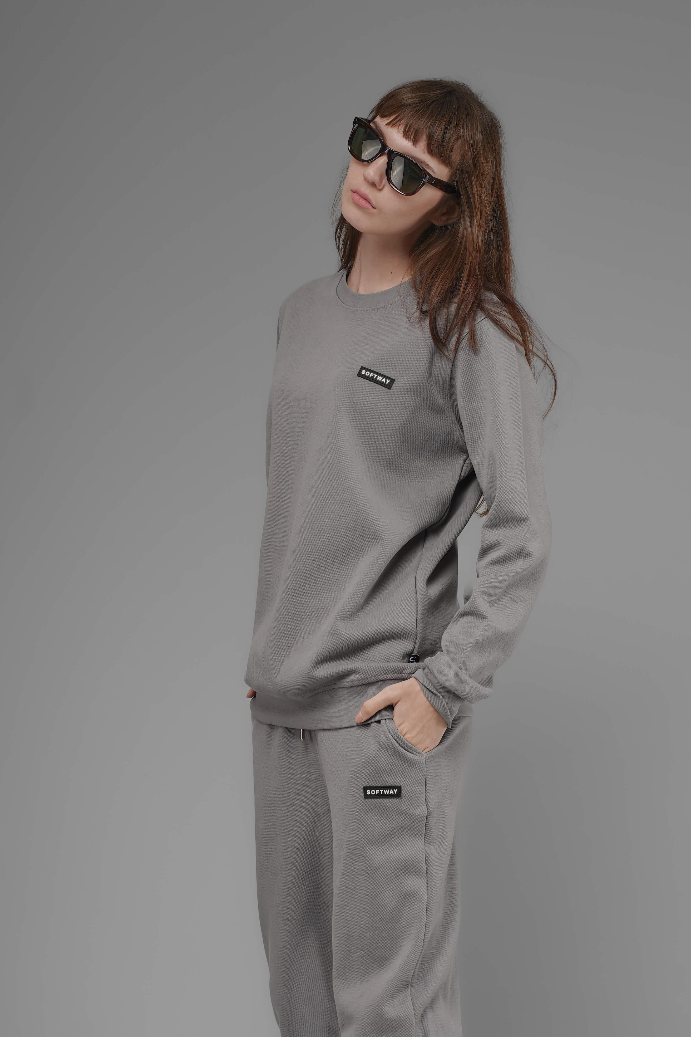 Unisex Regular Fit Bisiklet Yaka Dokulu İnterlok Pike Sweatshirt - Gri