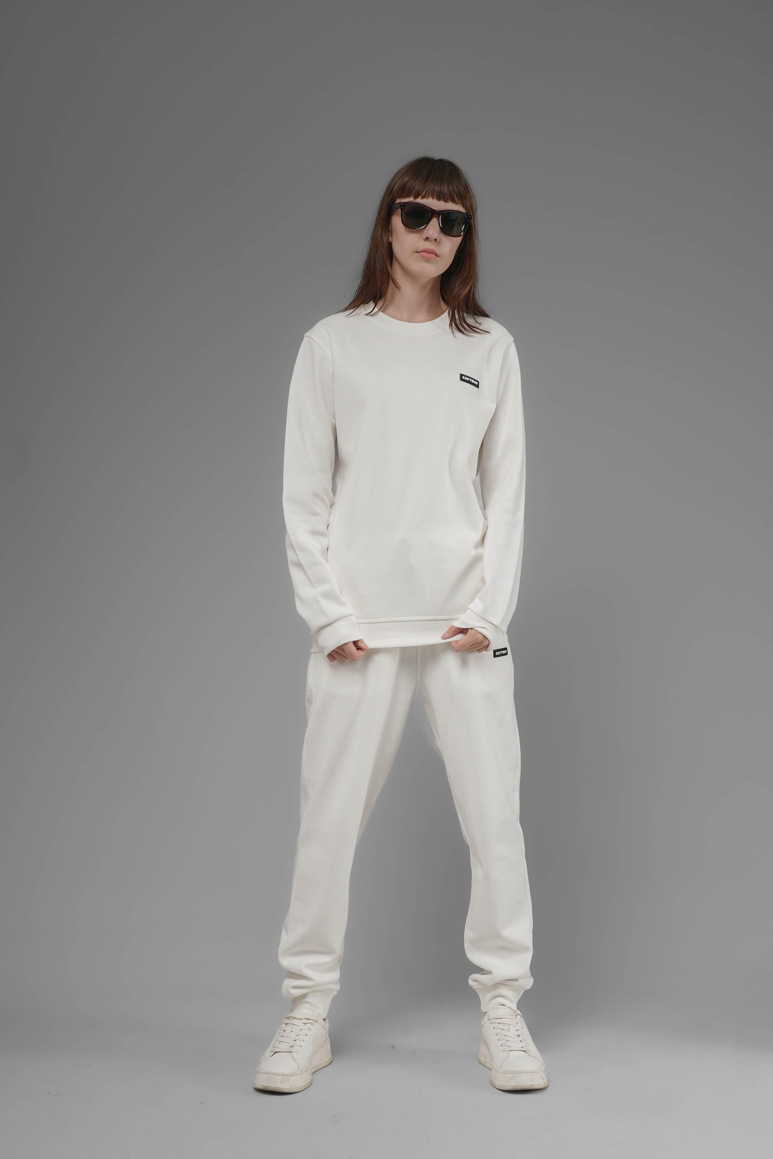 Unisex Regular Fit Bisiklet Yaka Dokulu İnterlok Pike Sweatshirt - Beyaz