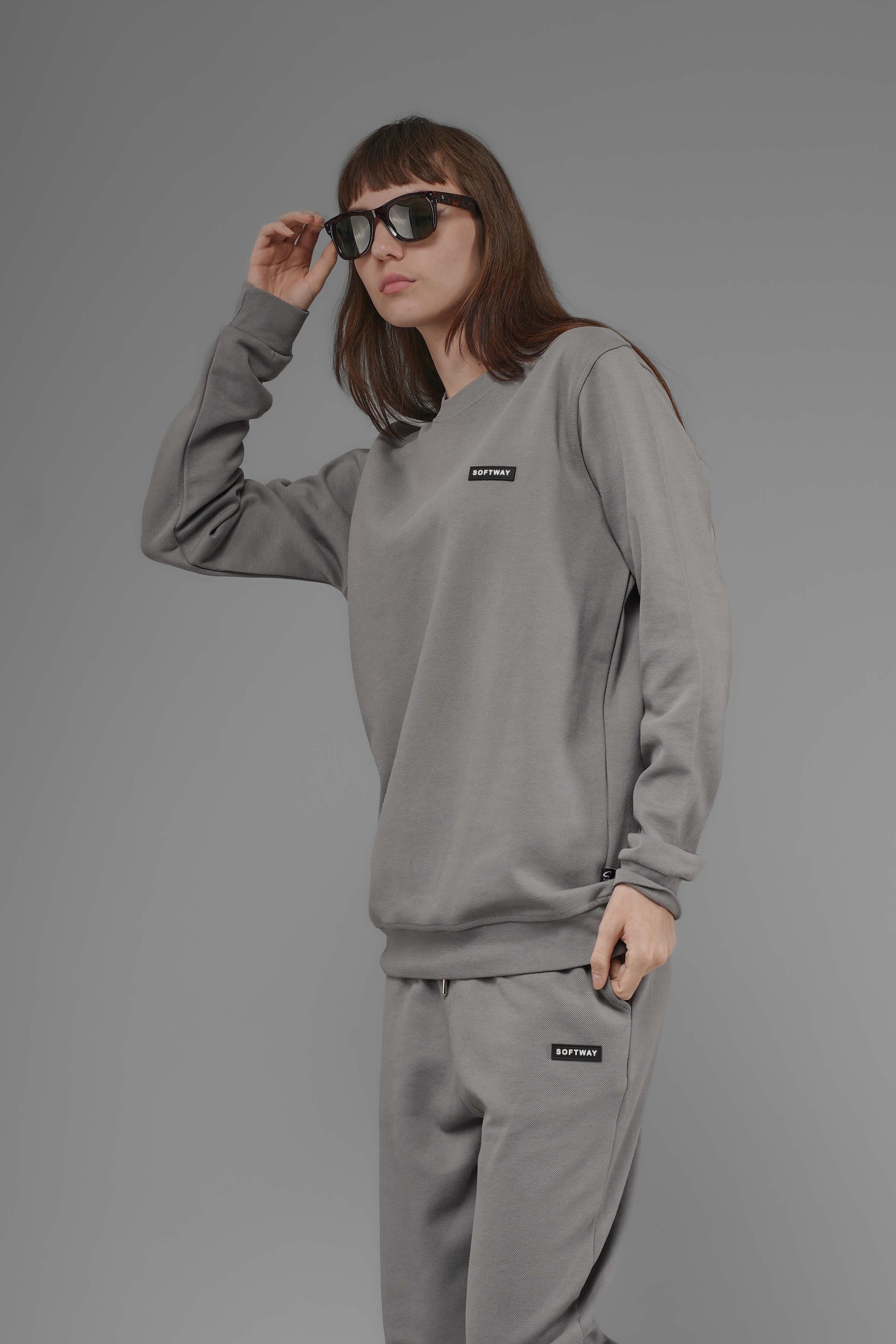 Unisex Regular Fit Bisiklet Yaka Dokulu İnterlok Pike Sweatshirt - Gri
