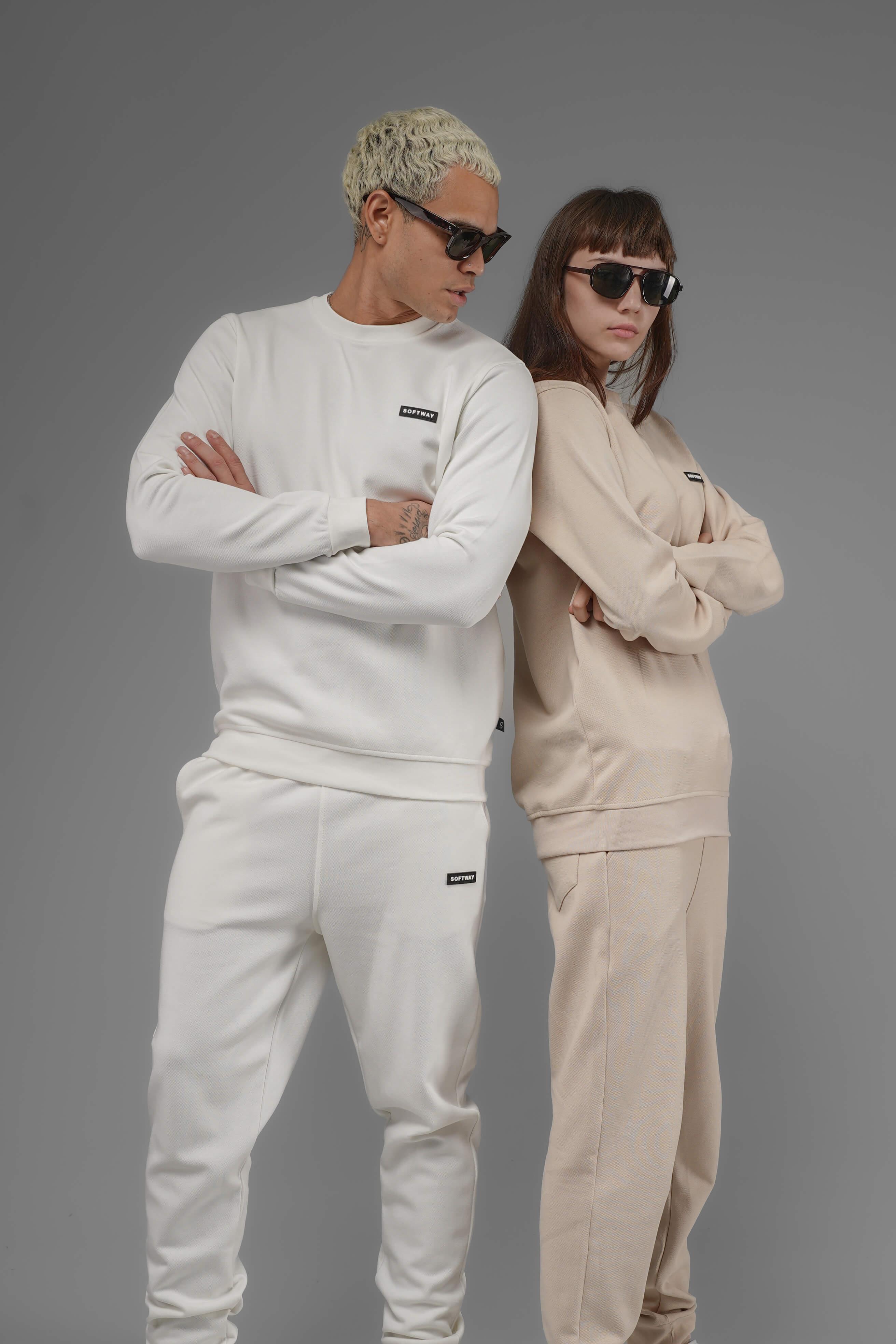Unisex Regular Fit Bisiklet Yaka Dokulu İnterlok Pike Sweatshirt - Beyaz