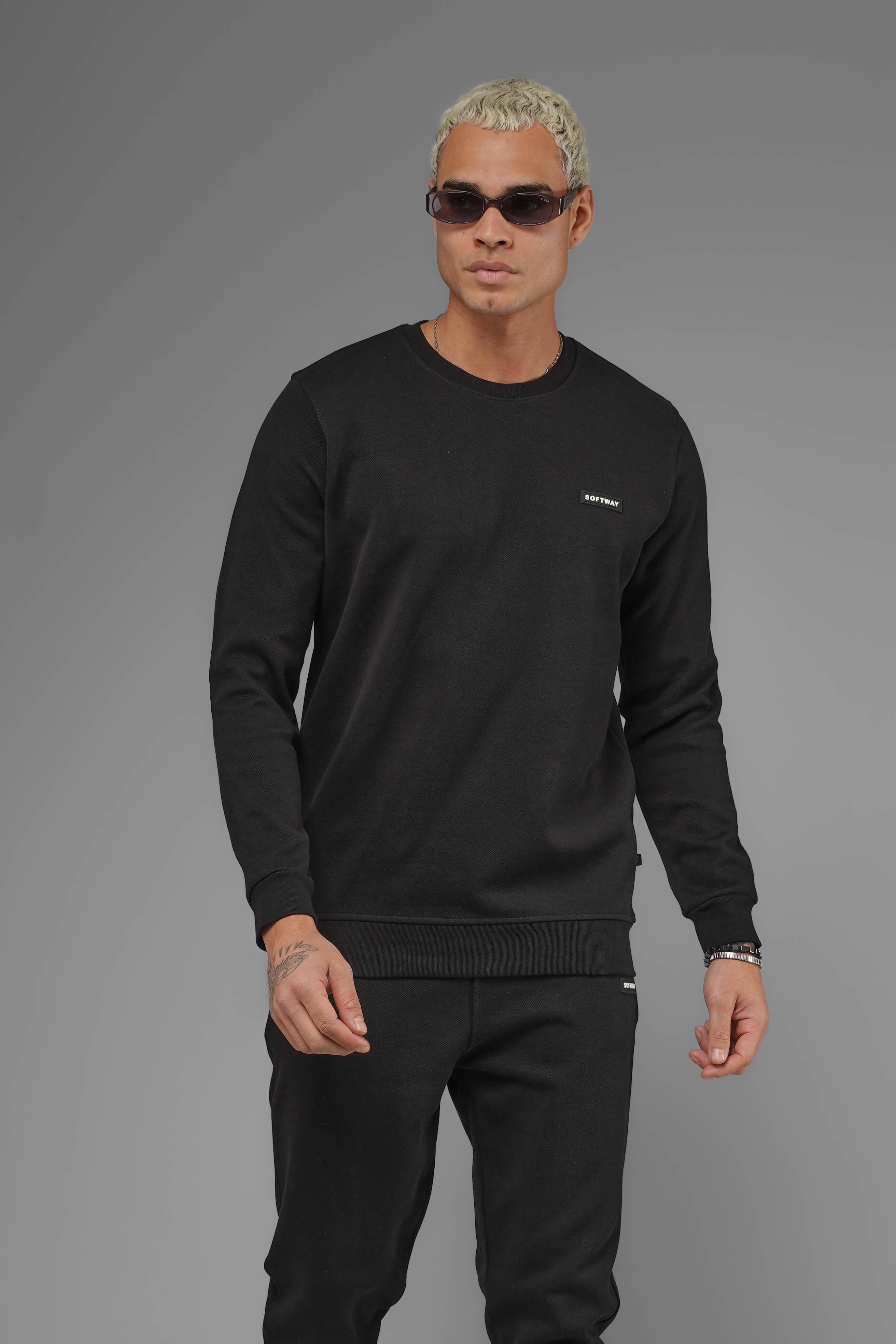 Unisex Regular Fit Bisiklet Yaka Dokulu İnterlok Pike Sweatshirt - Siyah