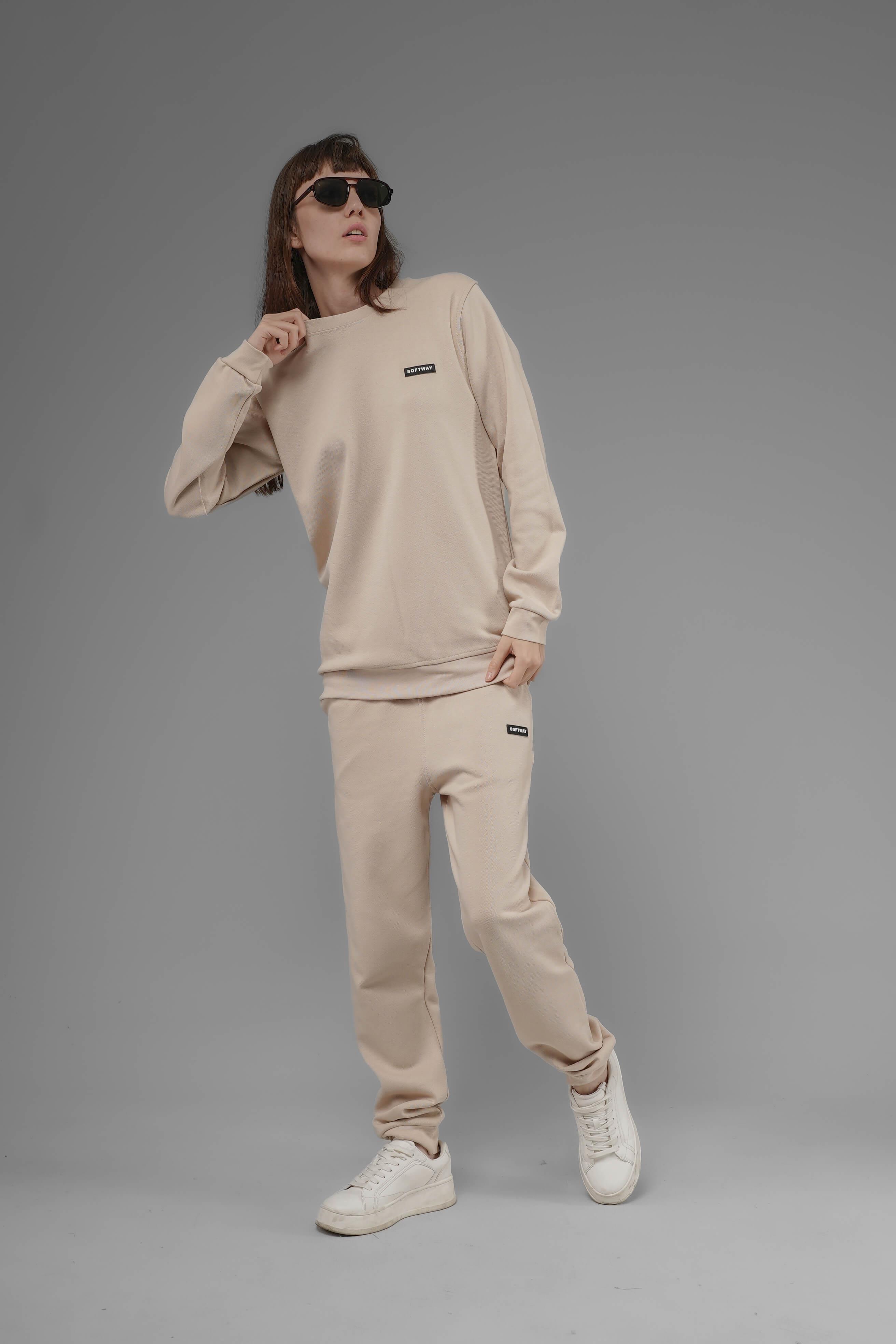 Unisex Regular Fit Bisiklet Yaka Dokulu İnterlok Pike Sweatshirt - Bej