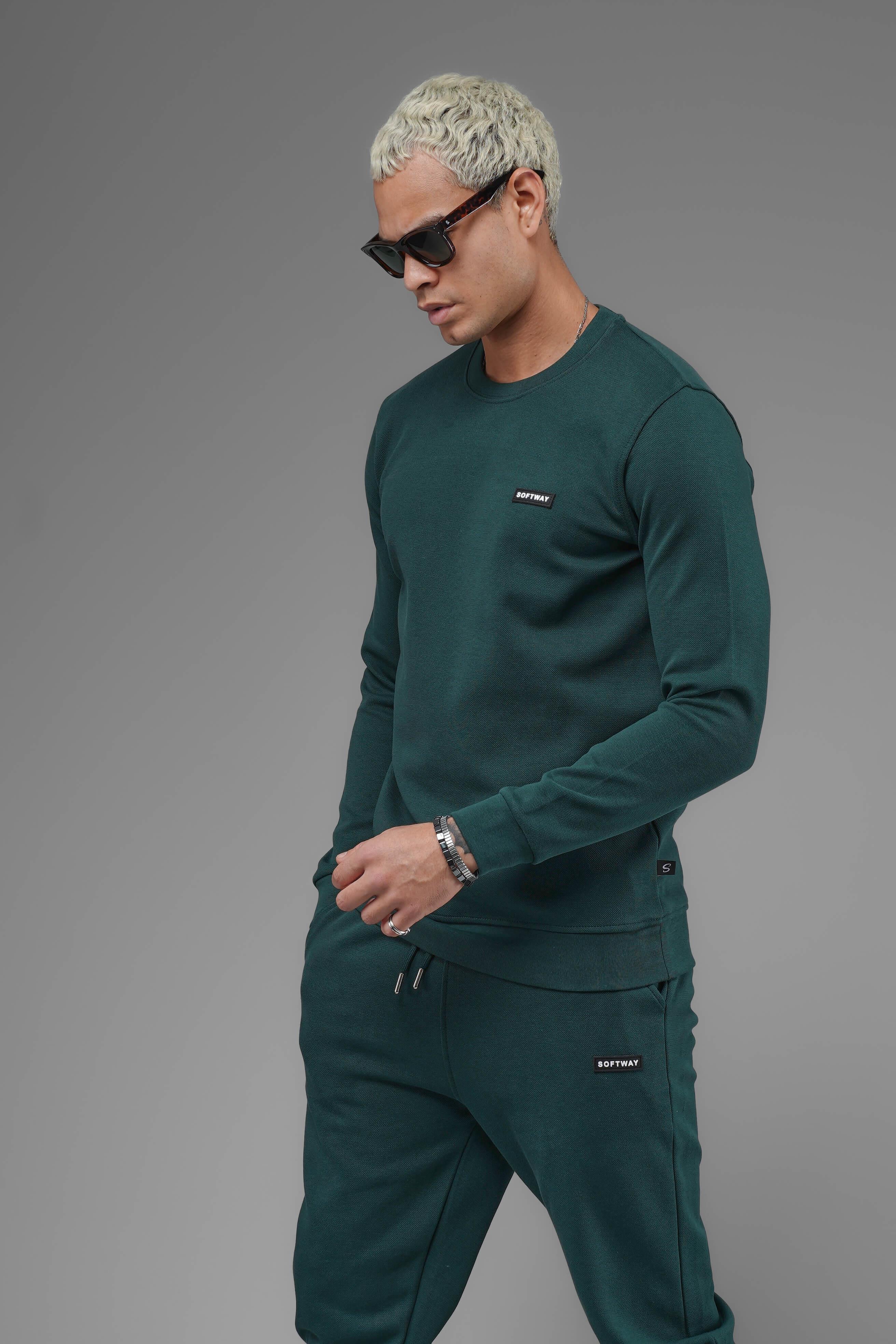 Unisex Regular Fit Bisiklet Yaka Dokulu İnterlok Pike Sweatshirt - Koyu Yeşil
