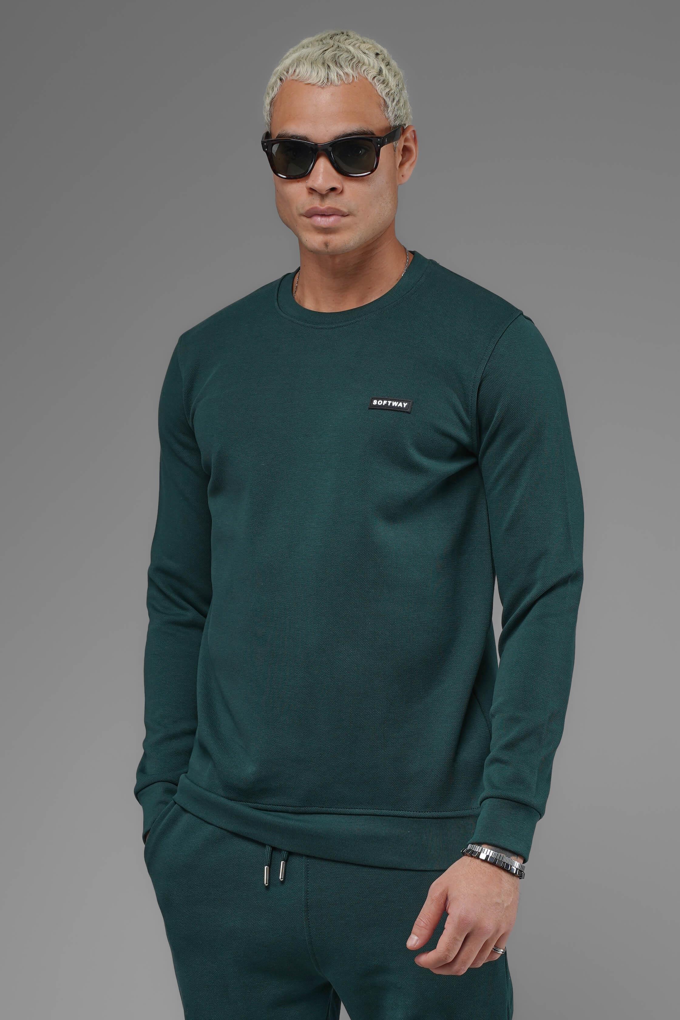 Unisex Regular Fit Bisiklet Yaka Dokulu İnterlok Pike Sweatshirt - Koyu Yeşil