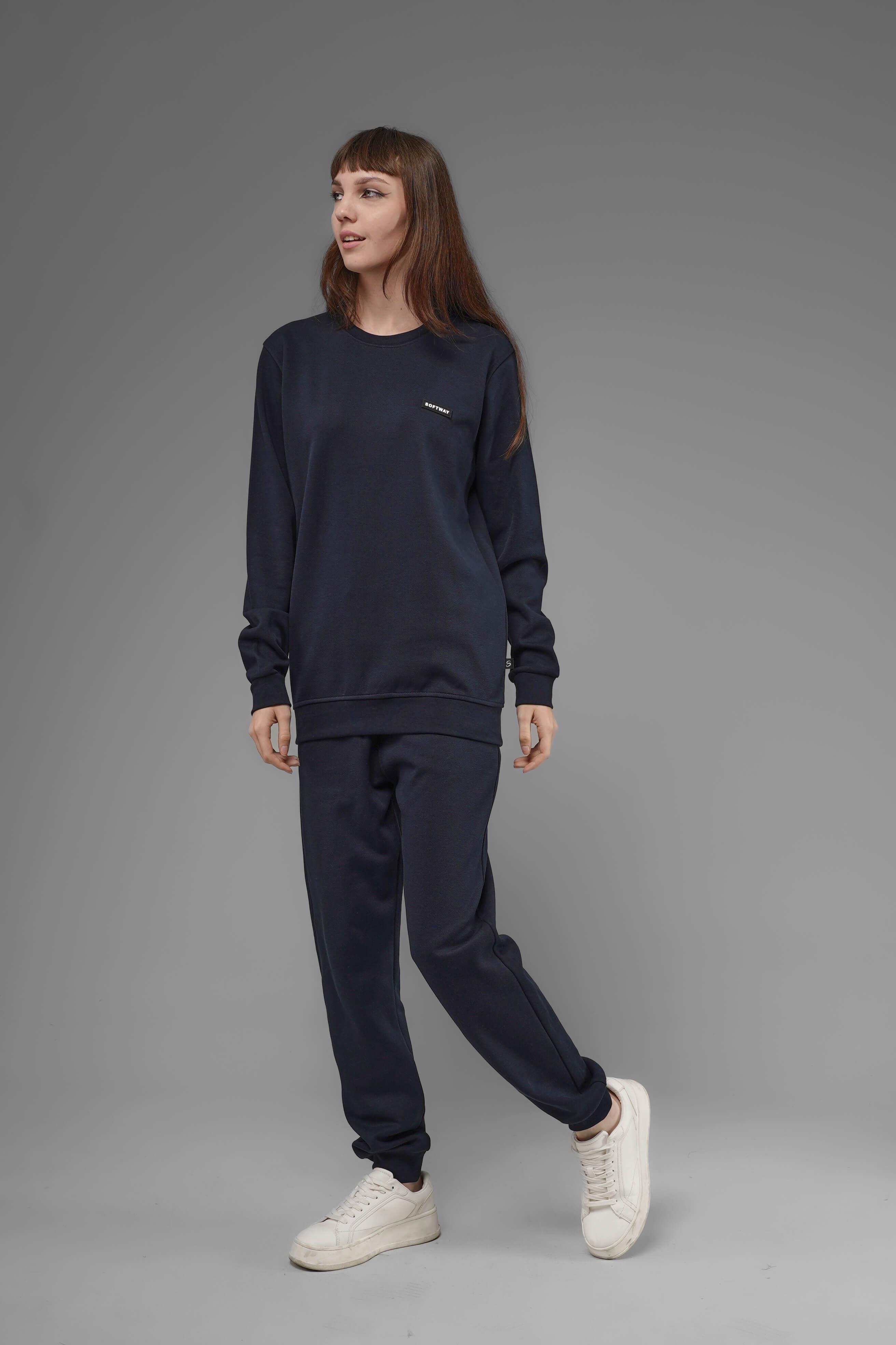 Unisex Regular Fit Bisiklet Yaka Dokulu İnterlok Pike Sweatshirt - Lacivert