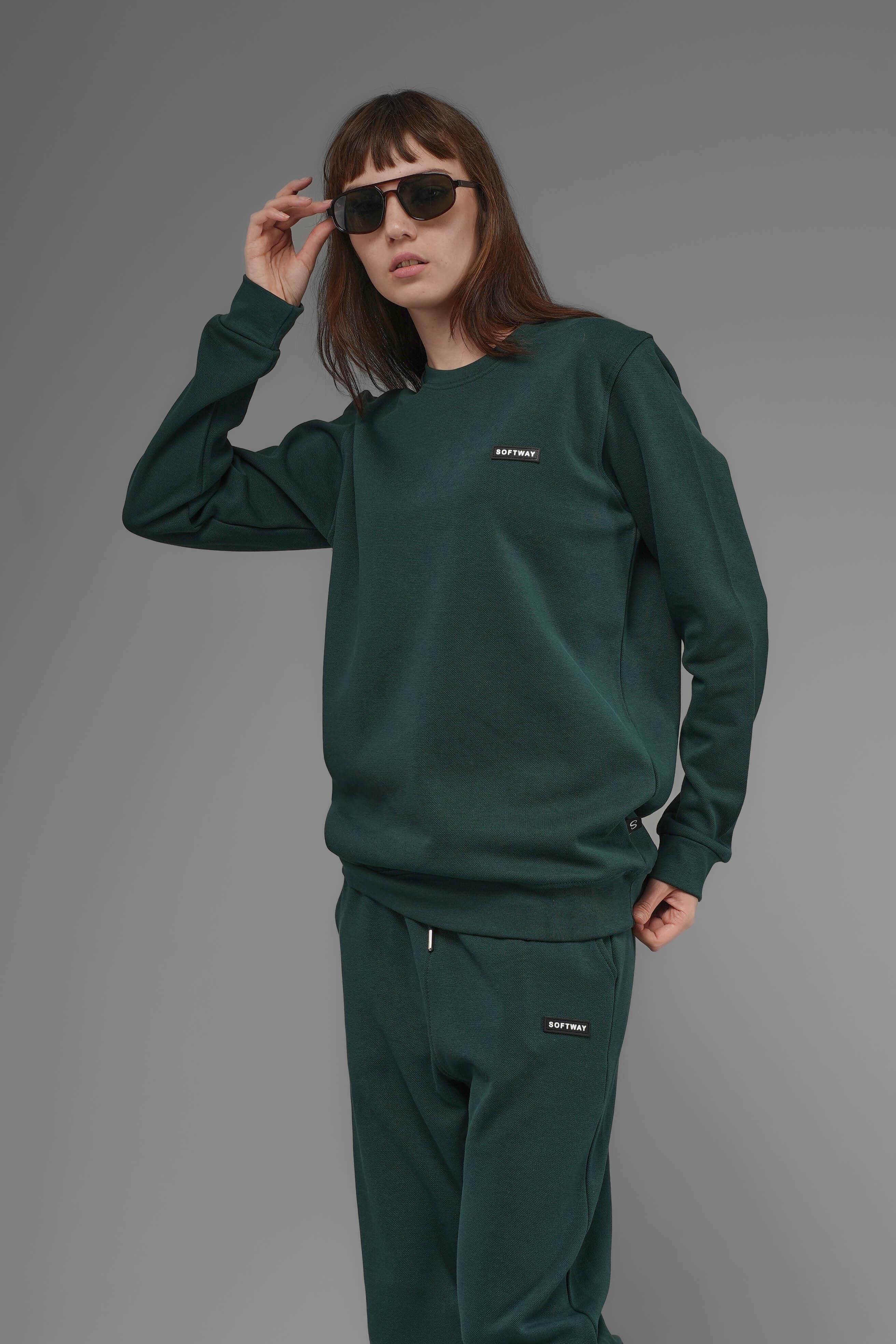 Unisex Regular Fit Bisiklet Yaka Dokulu İnterlok Pike Sweatshirt - Koyu Yeşil