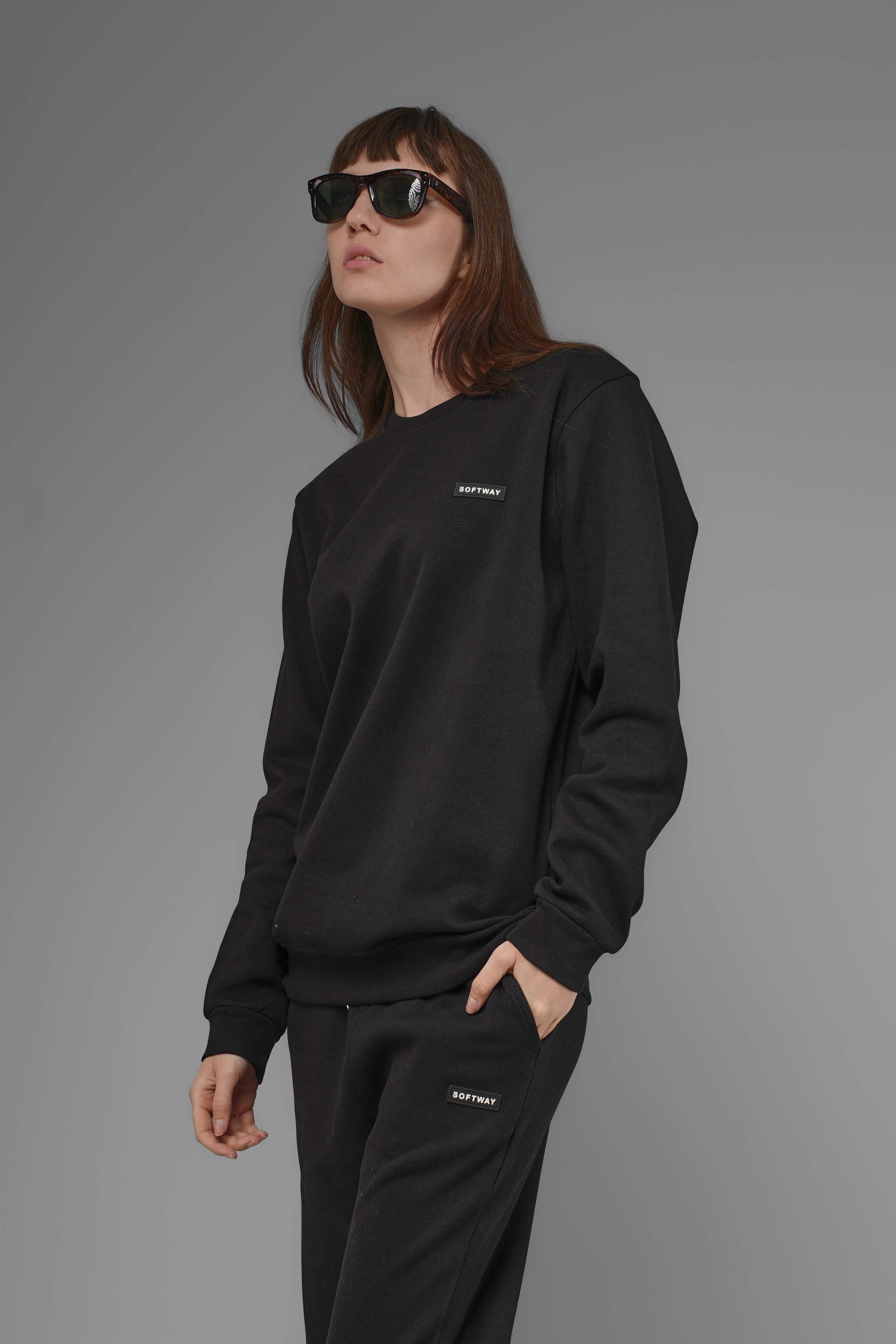 Unisex Regular Fit Bisiklet Yaka Dokulu İnterlok Pike Sweatshirt - Siyah