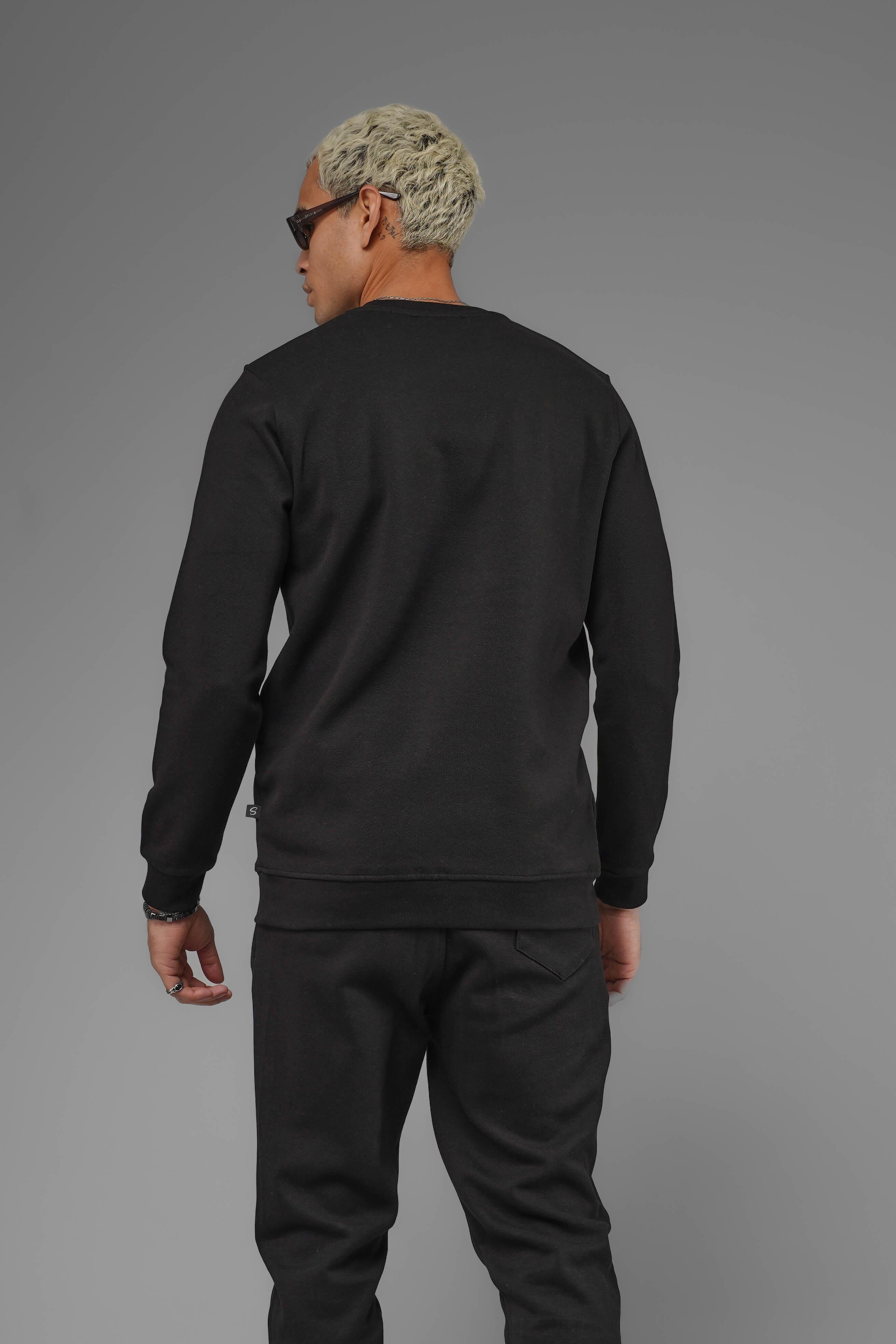 Unisex Regular Fit Bisiklet Yaka Dokulu İnterlok Pike Sweatshirt - Siyah