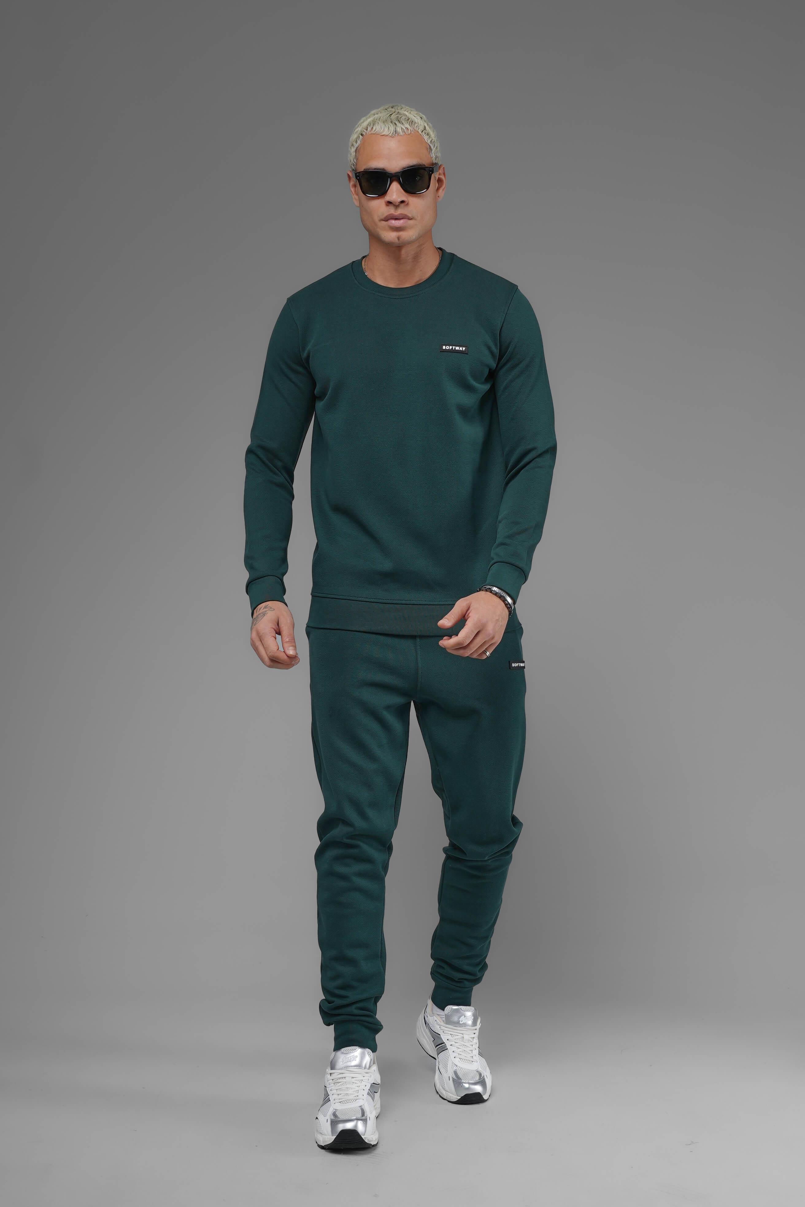 Unisex Regular Fit Bisiklet Yaka Dokulu İnterlok Pike Sweatshirt - Koyu Yeşil