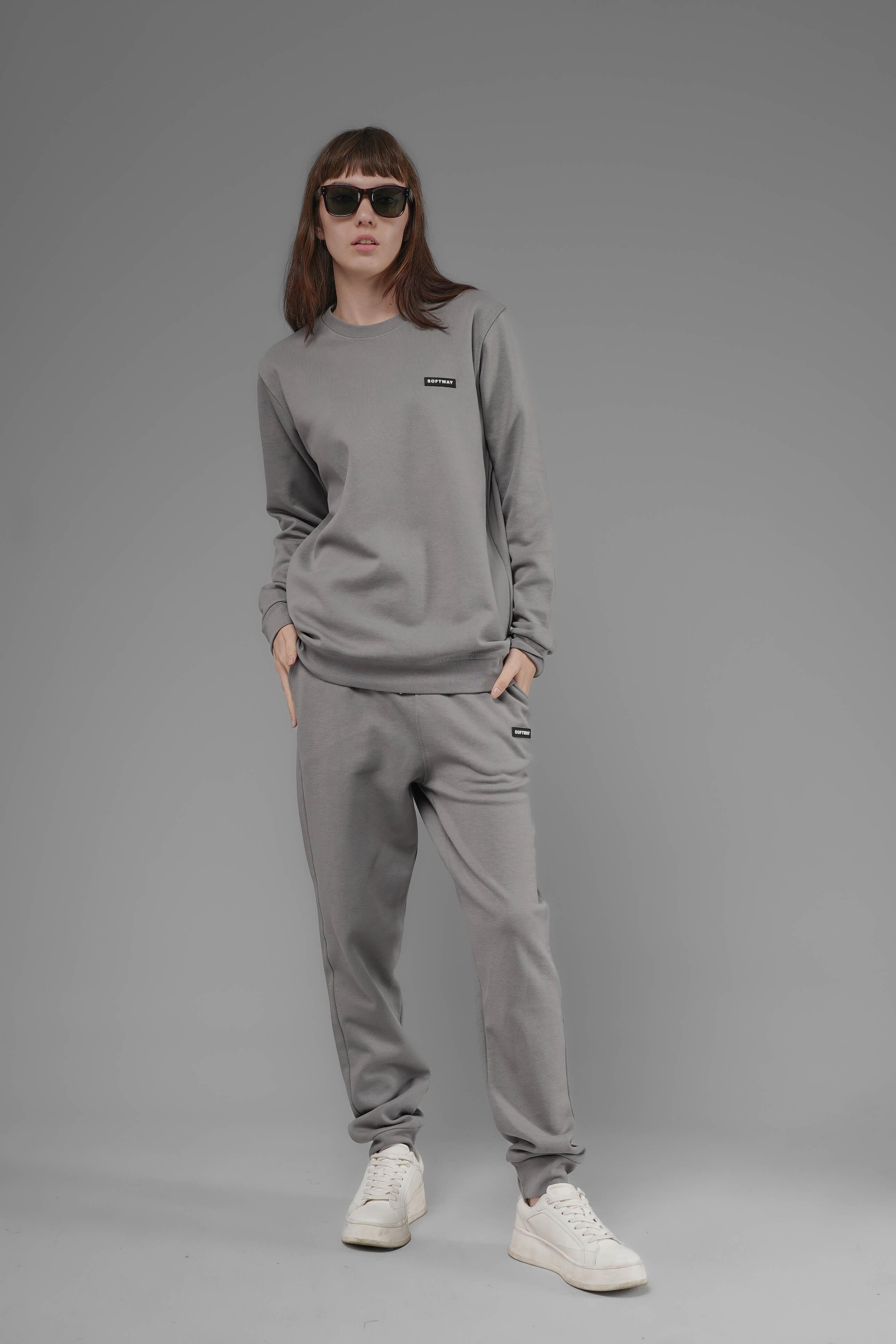 Unisex Regular Fit Bisiklet Yaka Dokulu İnterlok Pike Sweatshirt - Gri