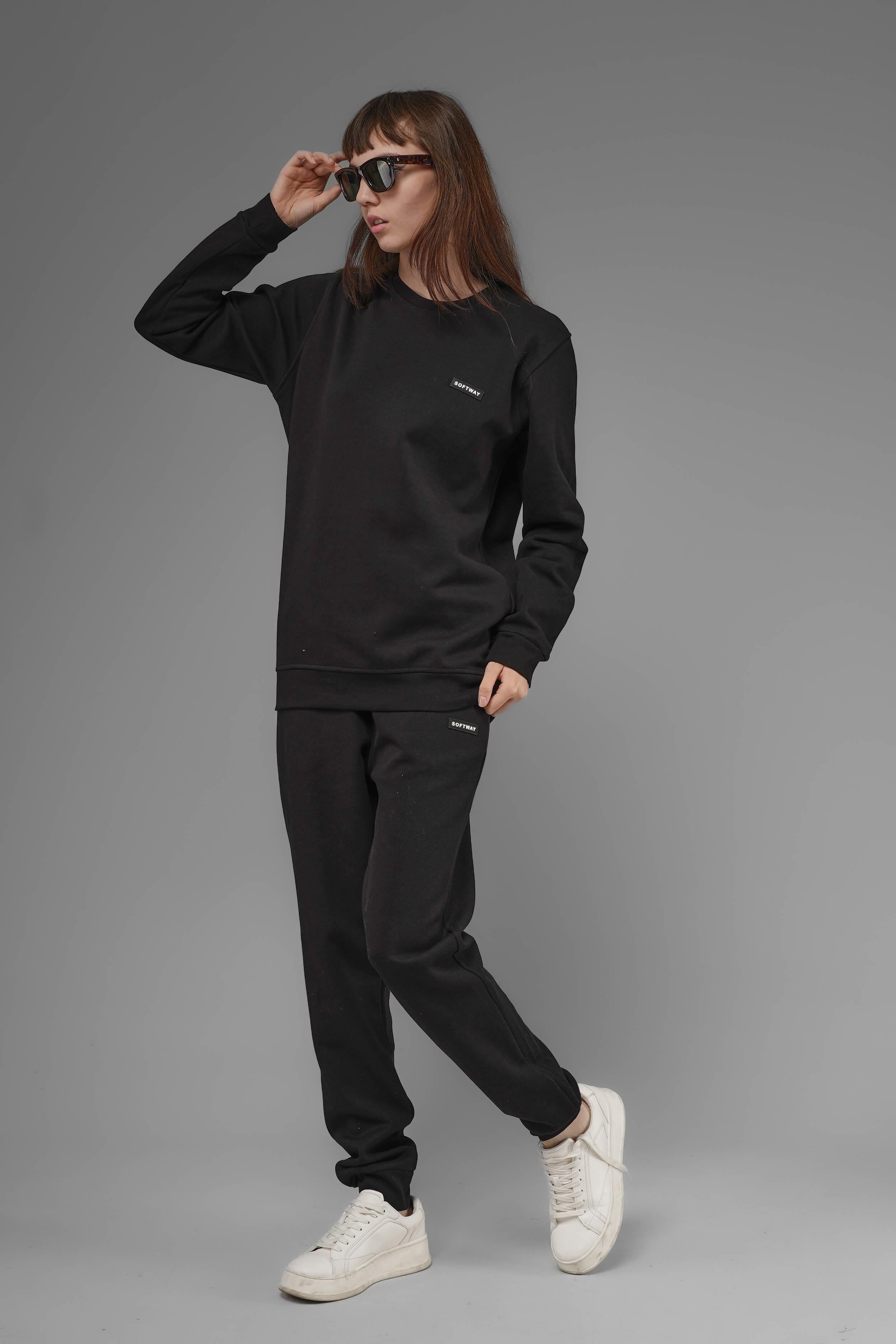 Unisex Regular Fit Bisiklet Yaka Dokulu İnterlok Pike Sweatshirt - Siyah