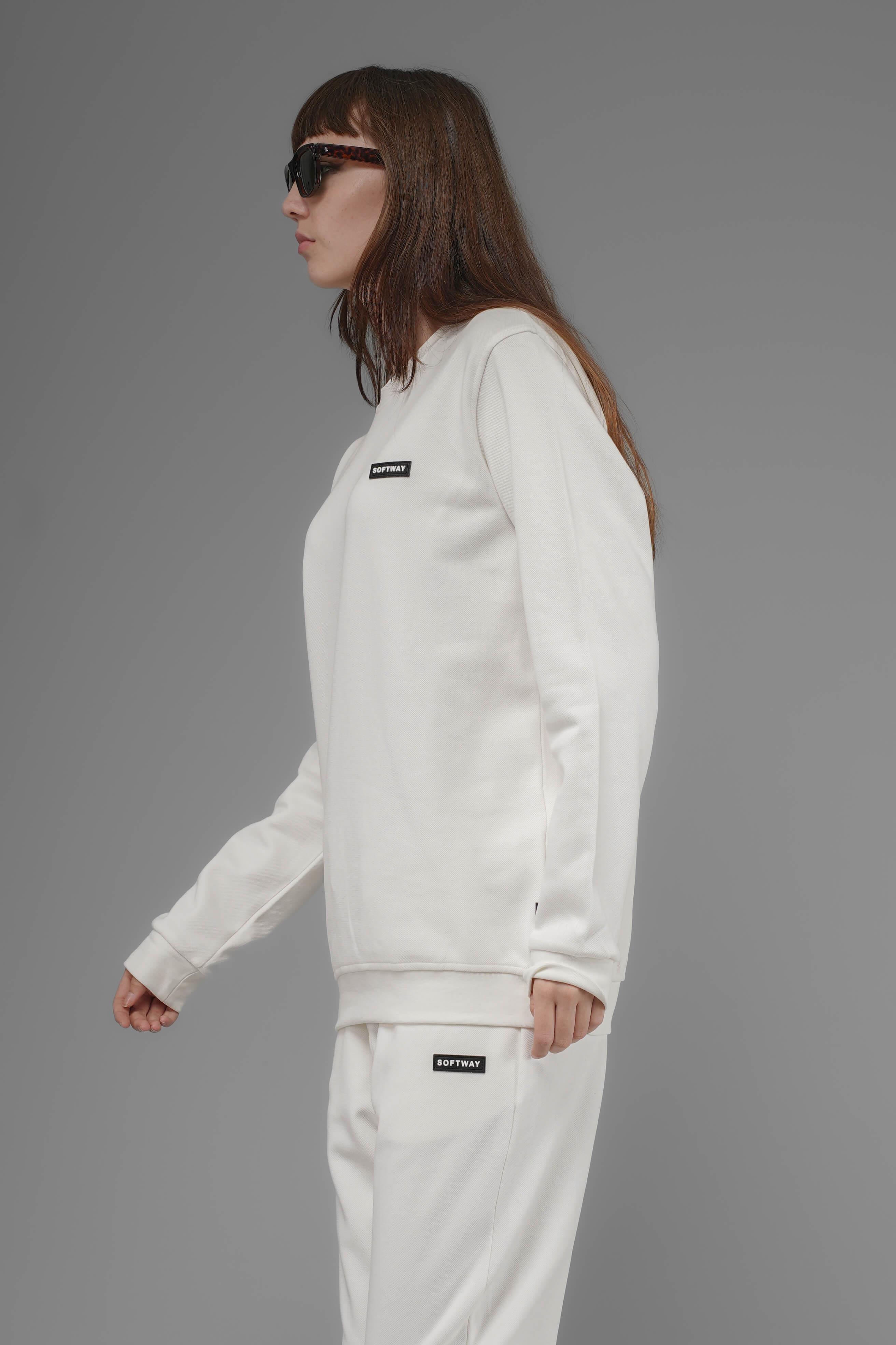 Unisex Regular Fit Bisiklet Yaka Dokulu İnterlok Pike Sweatshirt - Beyaz