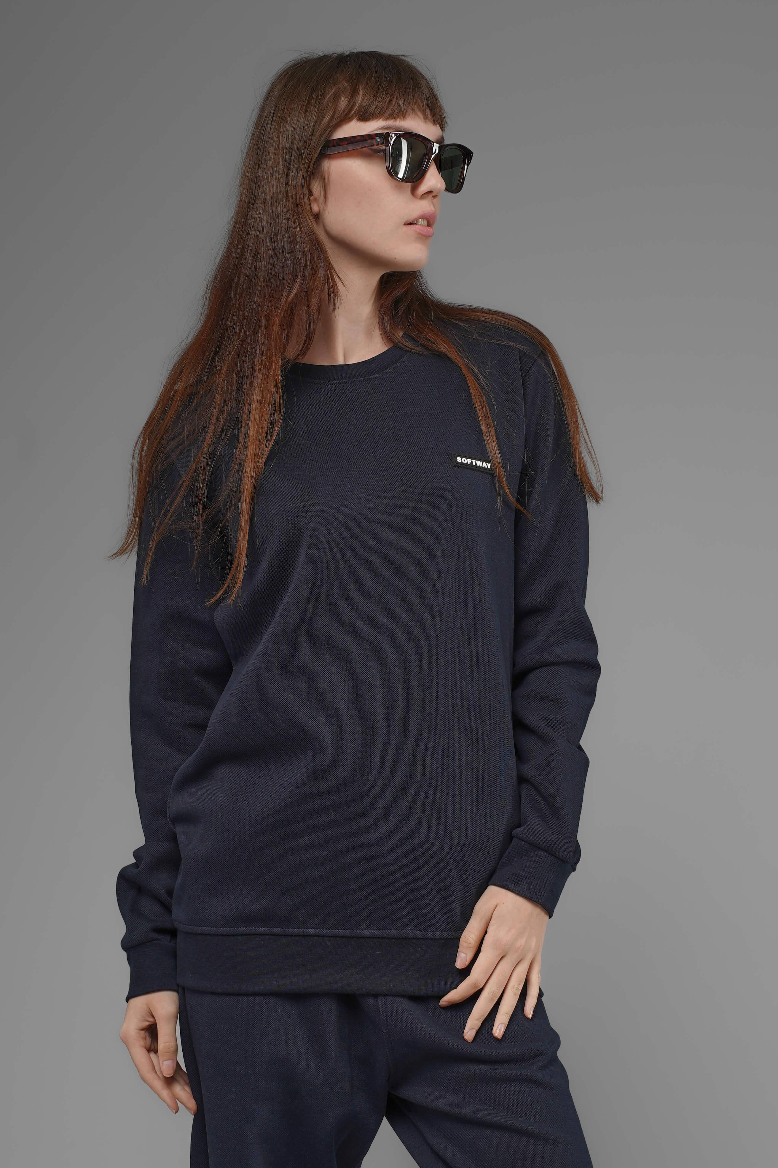 Unisex Regular Fit Bisiklet Yaka Dokulu İnterlok Pike Sweatshirt - Lacivert