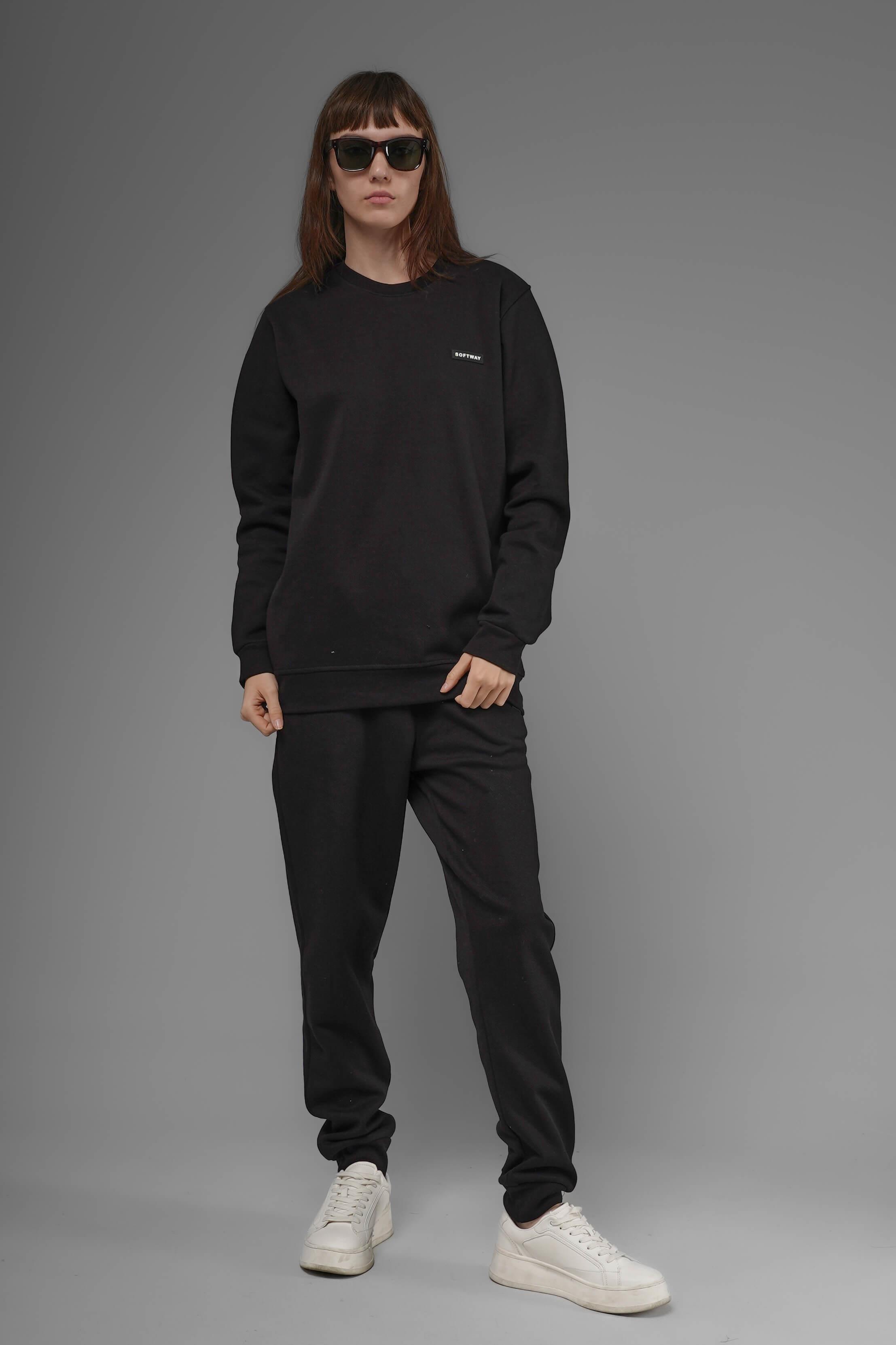 Unisex Regular Fit Bisiklet Yaka Dokulu İnterlok Pike Sweatshirt - Siyah