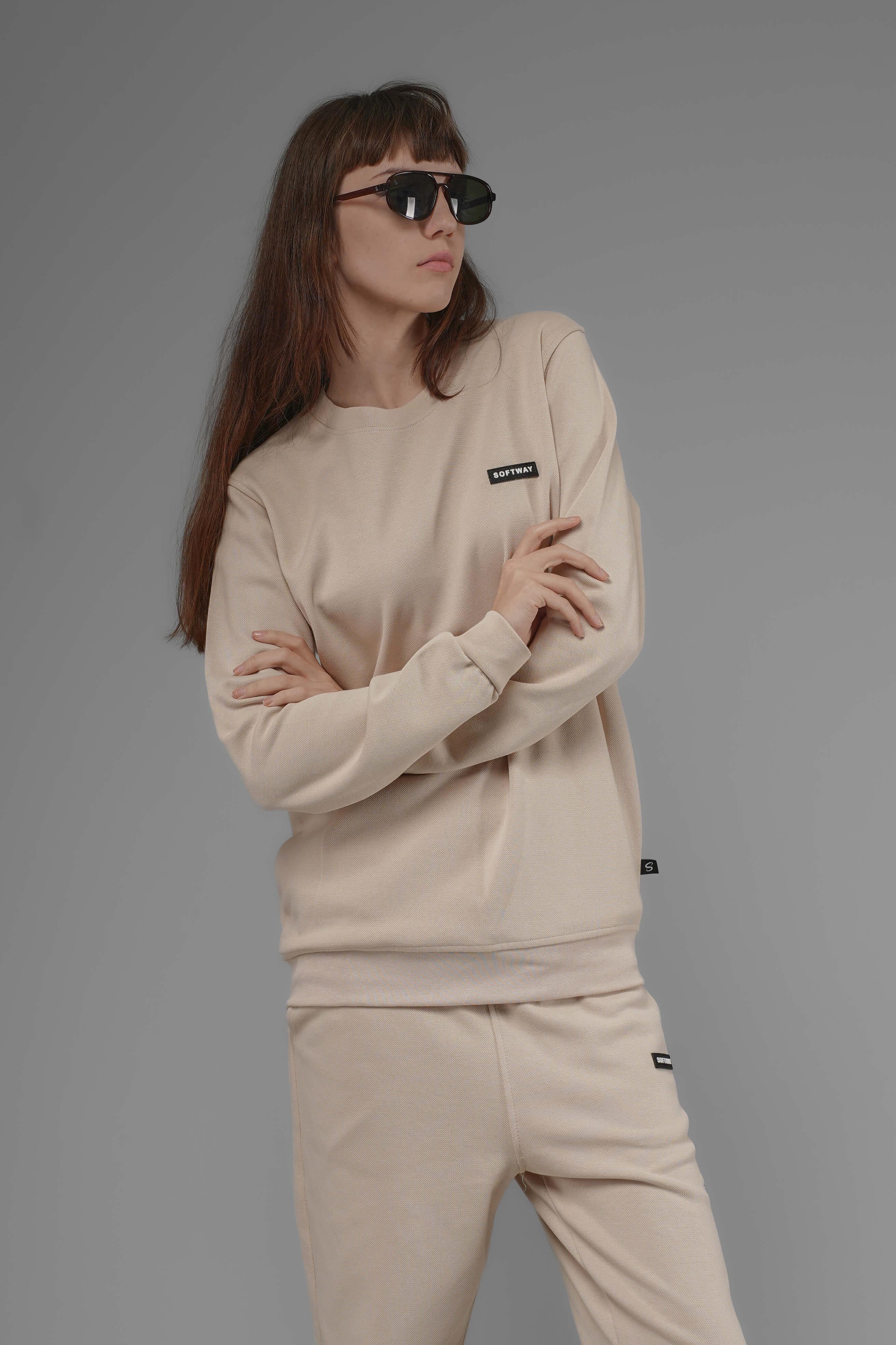 Unisex Regular Fit Bisiklet Yaka Dokulu İnterlok Pike Sweatshirt - Bej
