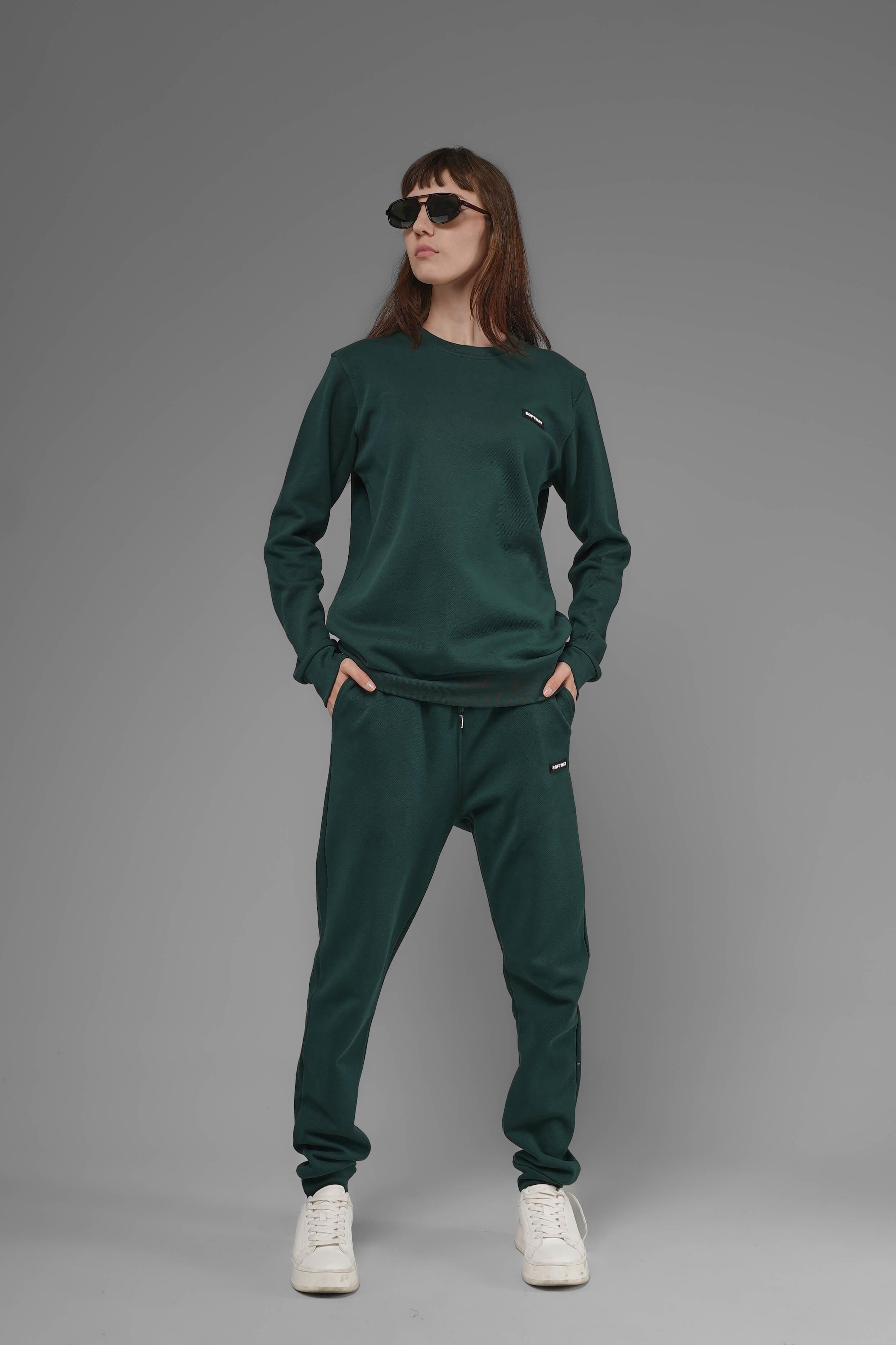 Unisex Regular Fit Bisiklet Yaka Dokulu İnterlok Pike Sweatshirt - Koyu Yeşil