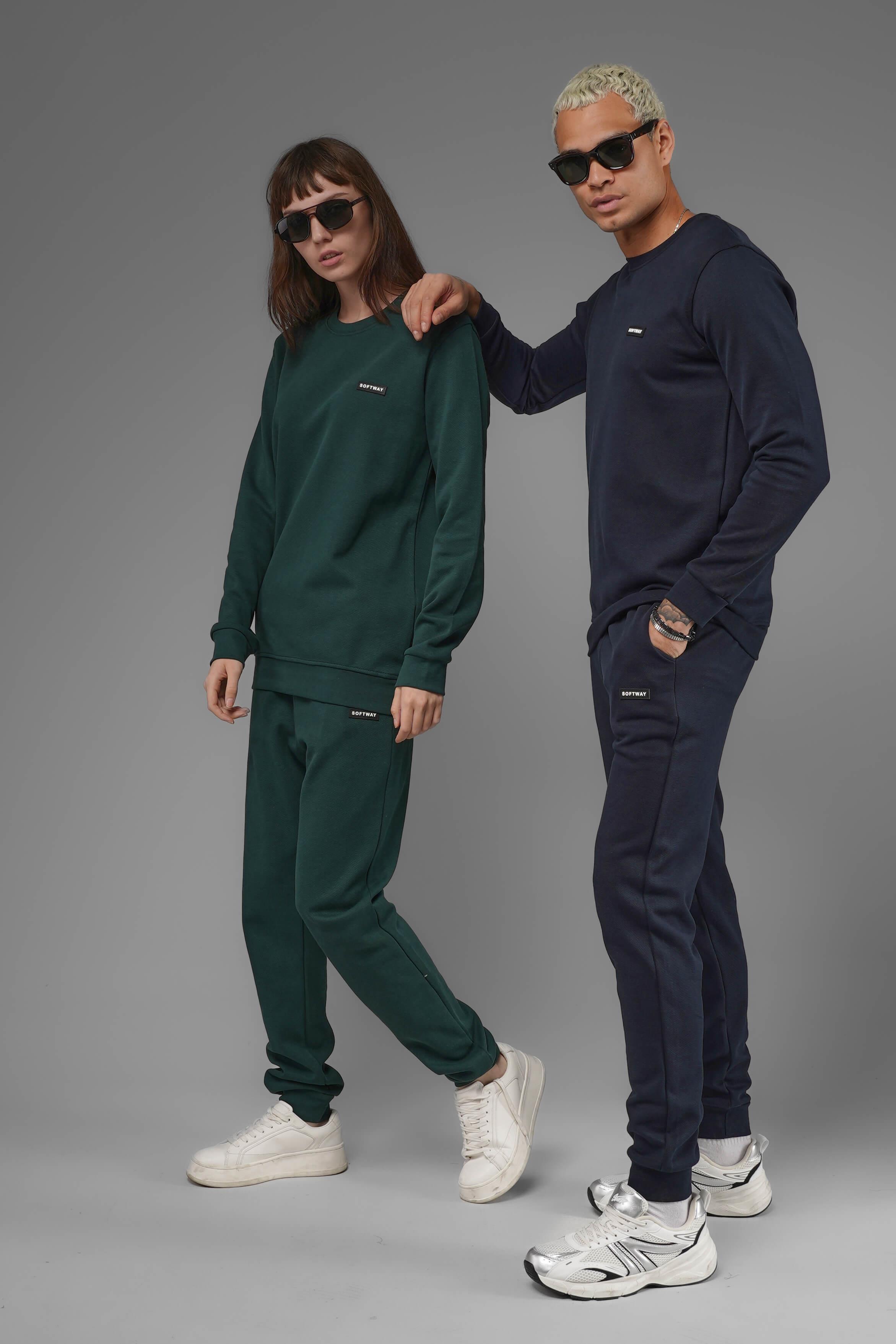 Unisex Regular Fit Bisiklet Yaka Dokulu İnterlok Pike Sweatshirt - Koyu Yeşil
