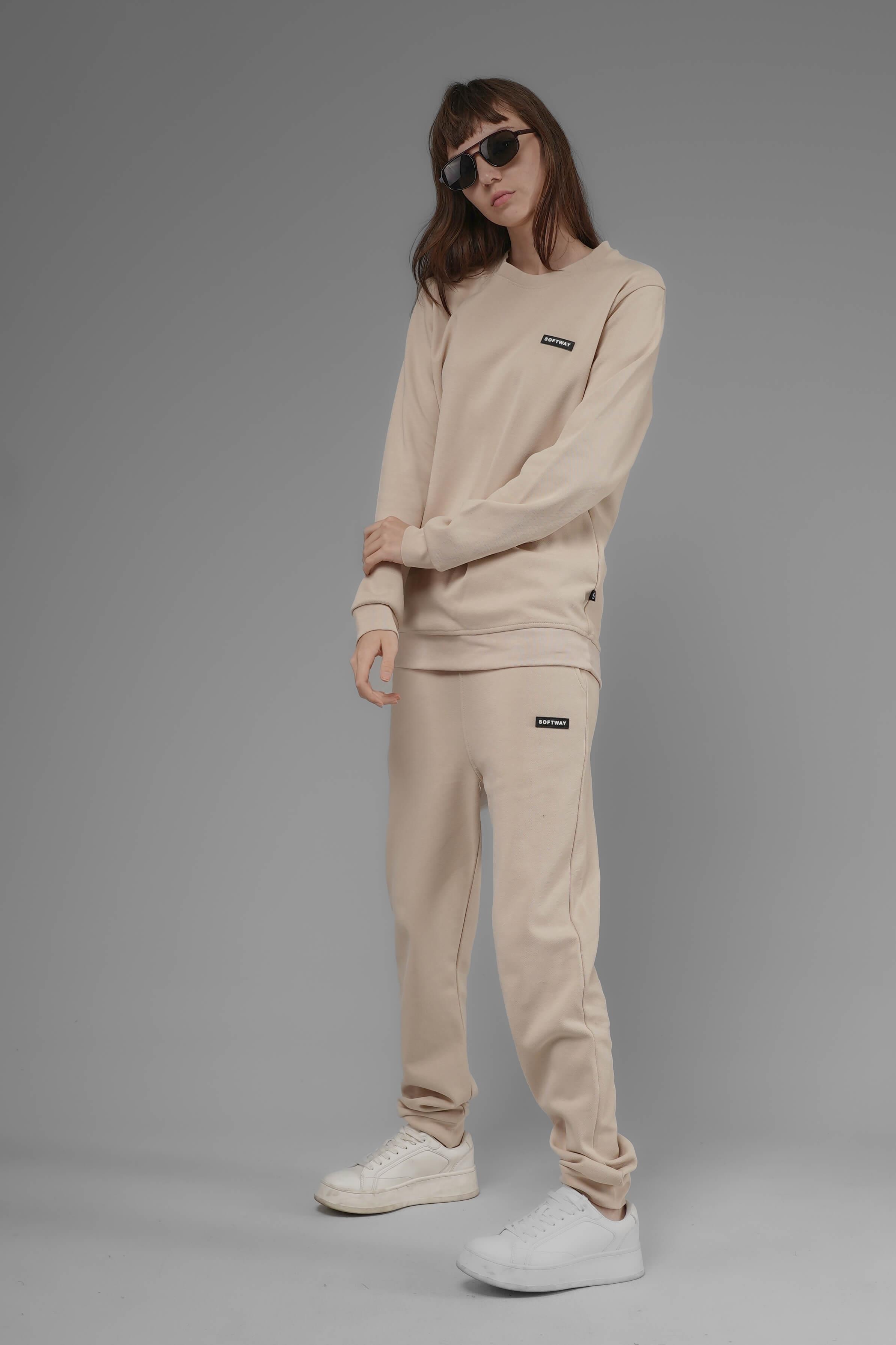 Unisex Regular Fit Bisiklet Yaka Dokulu İnterlok Pike Sweatshirt - Bej