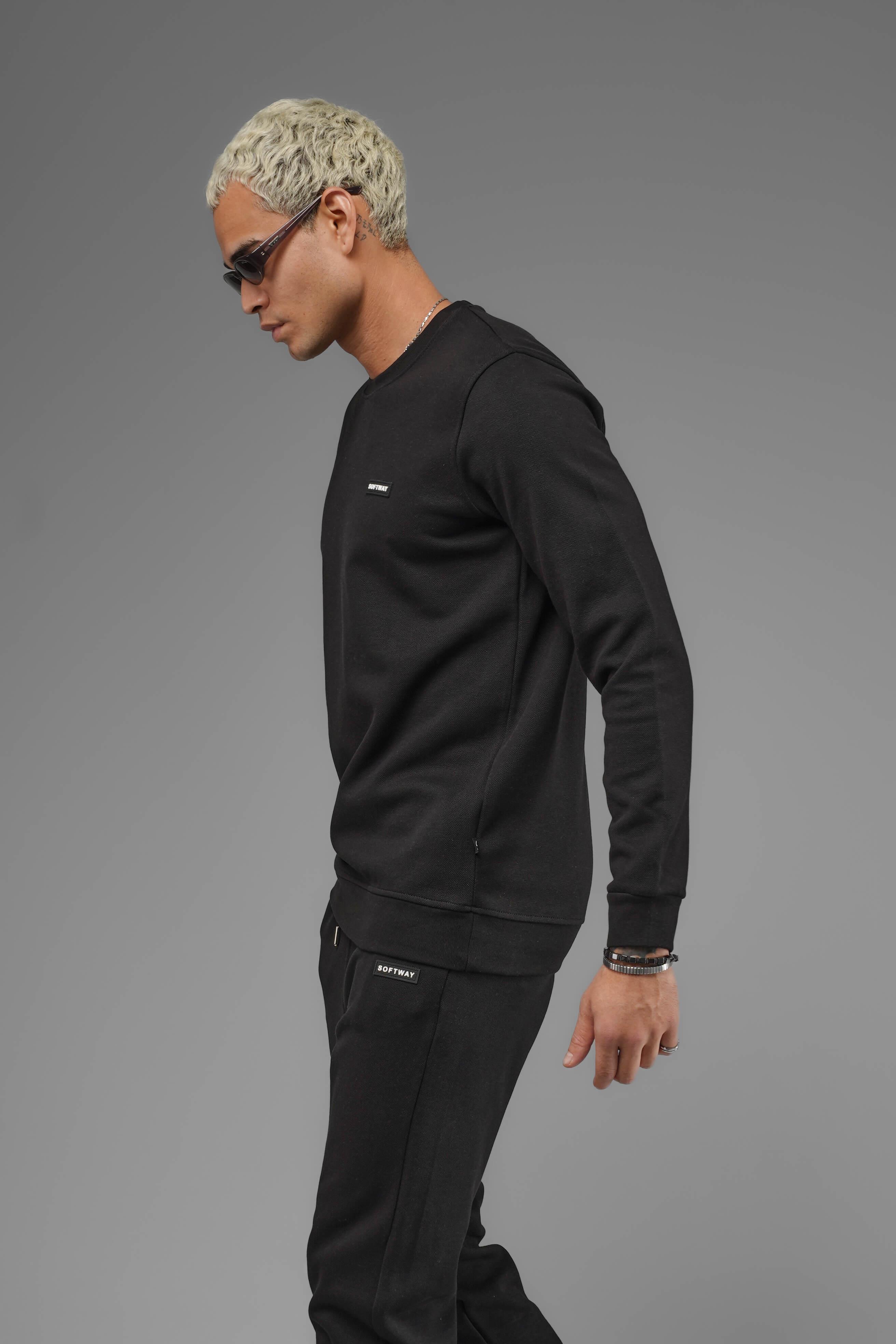 Unisex Regular Fit Bisiklet Yaka Dokulu İnterlok Pike Sweatshirt - Siyah
