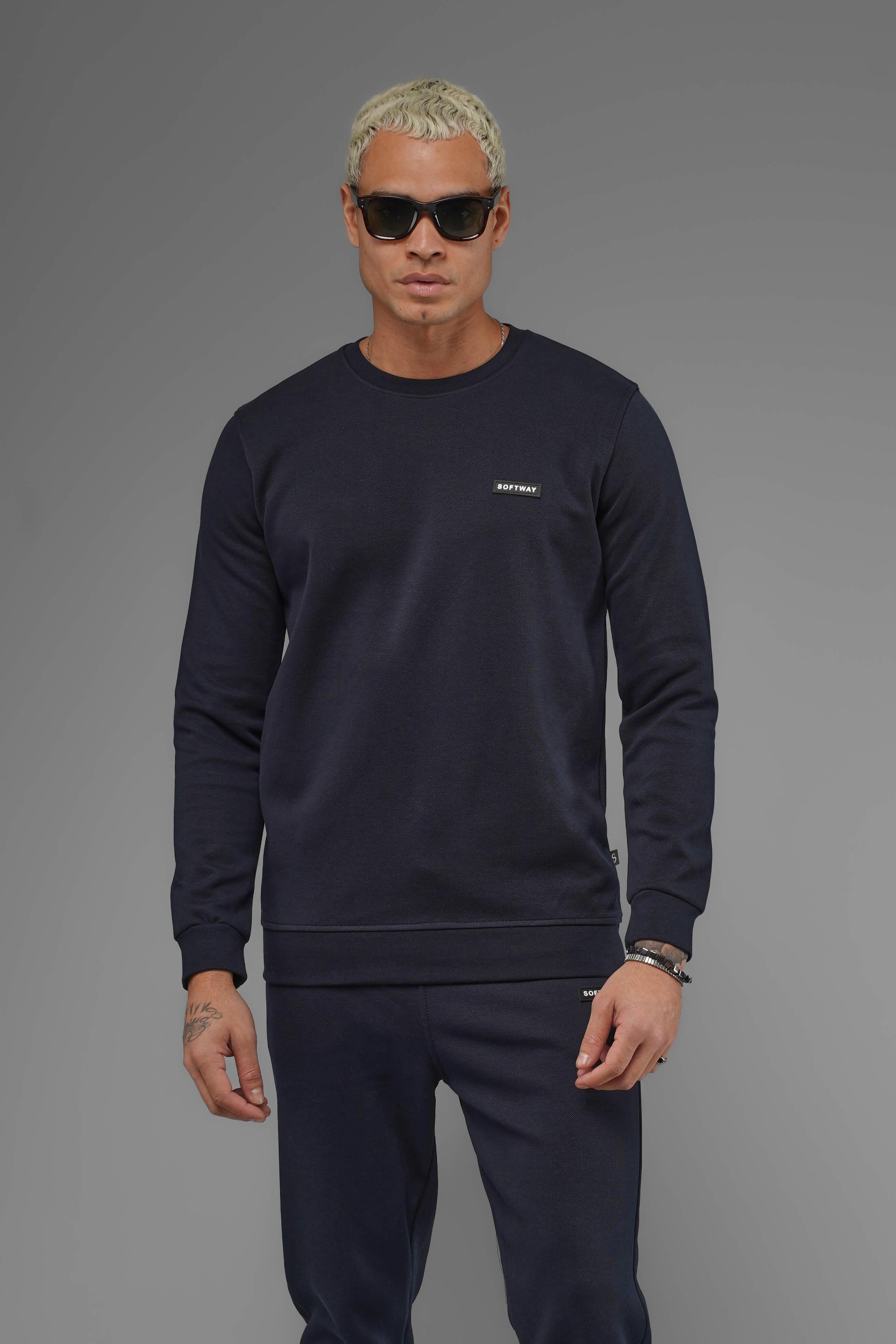 Unisex Regular Fit Bisiklet Yaka Dokulu İnterlok Pike Sweatshirt - Lacivert