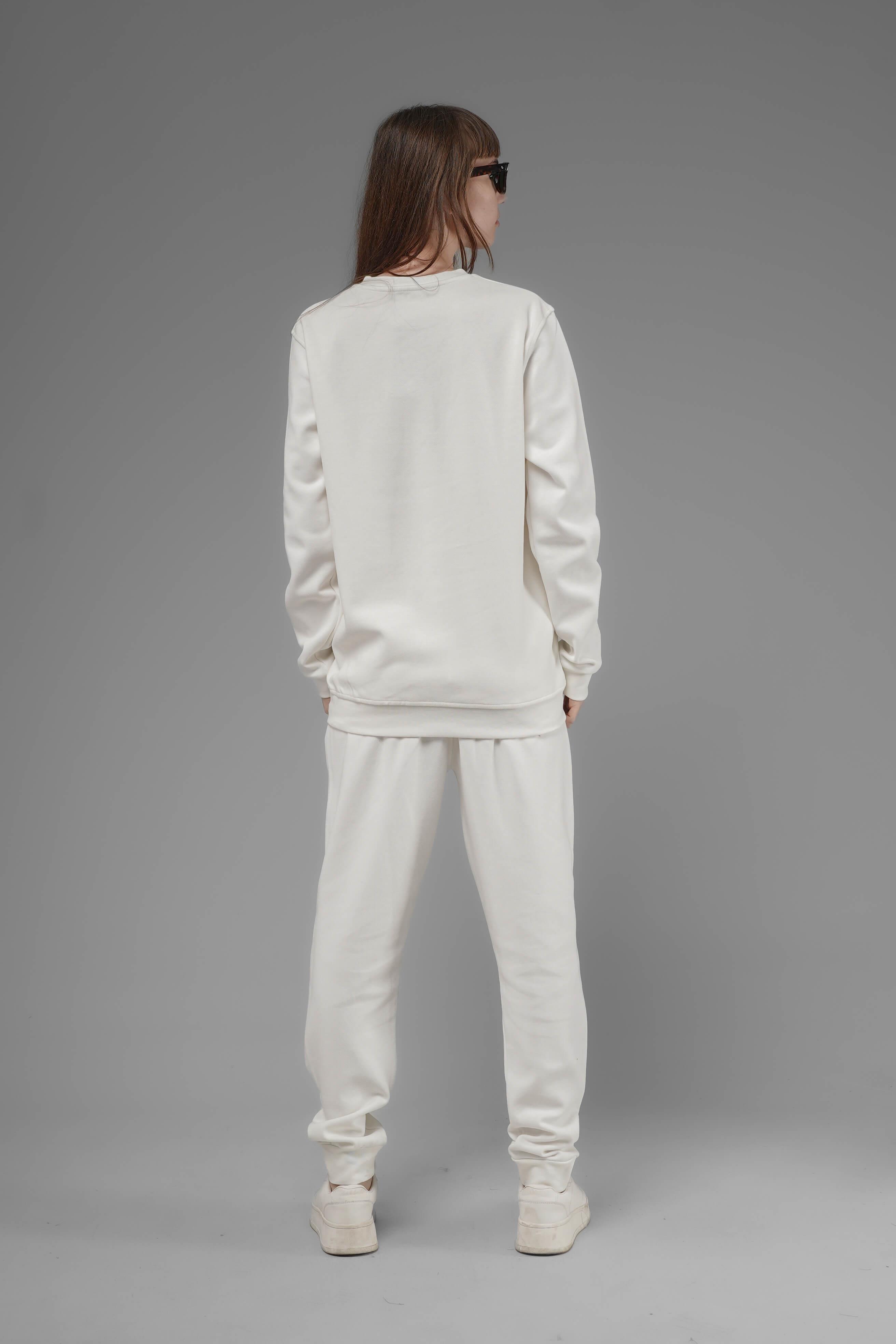 Unisex Regular Fit Bisiklet Yaka Dokulu İnterlok Pike Sweatshirt - Beyaz