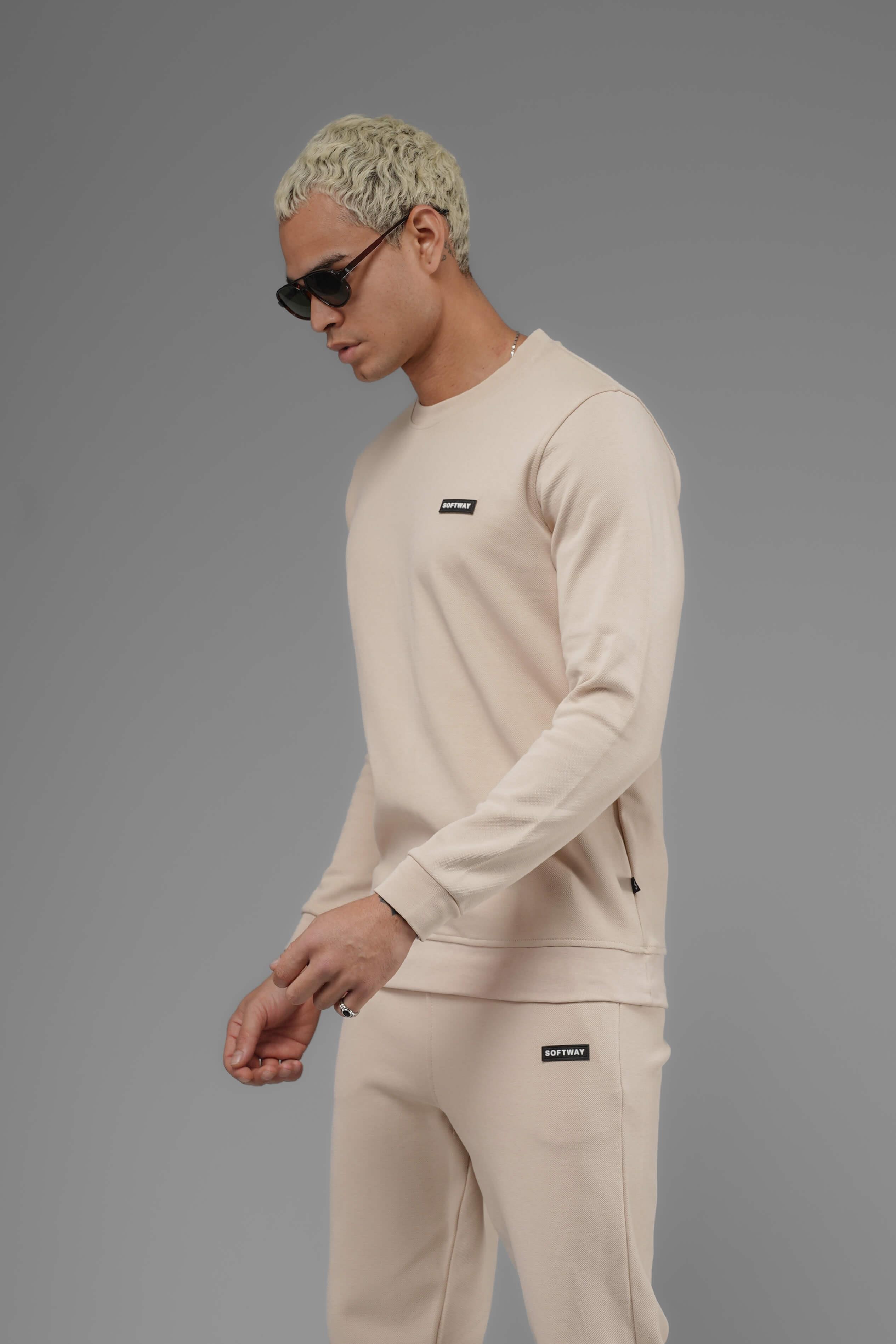 Unisex Regular Fit Bisiklet Yaka Dokulu İnterlok Pike Sweatshirt - Bej