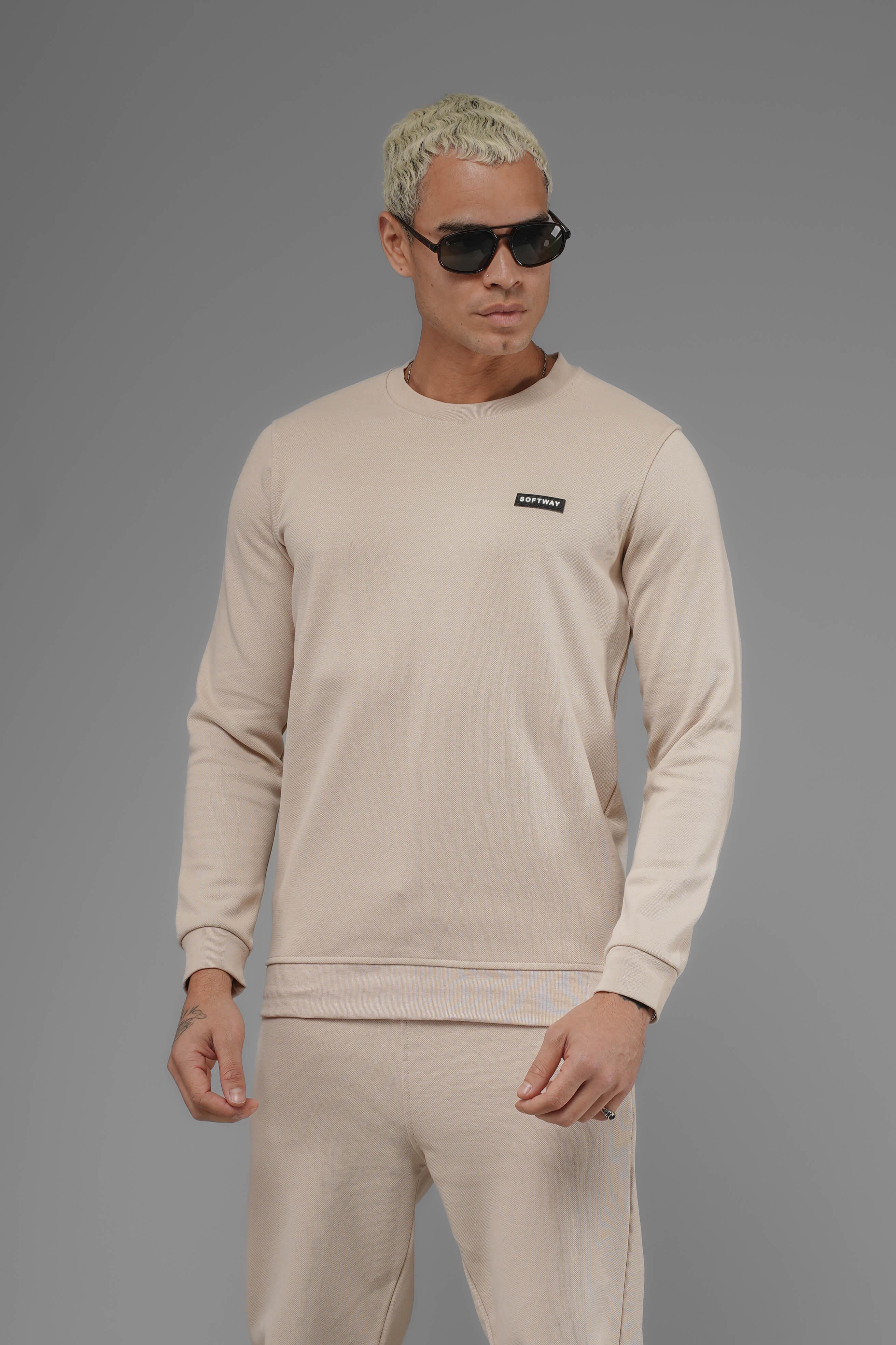 Unisex Regular Fit Bisiklet Yaka Dokulu İnterlok Pike Sweatshirt - Bej