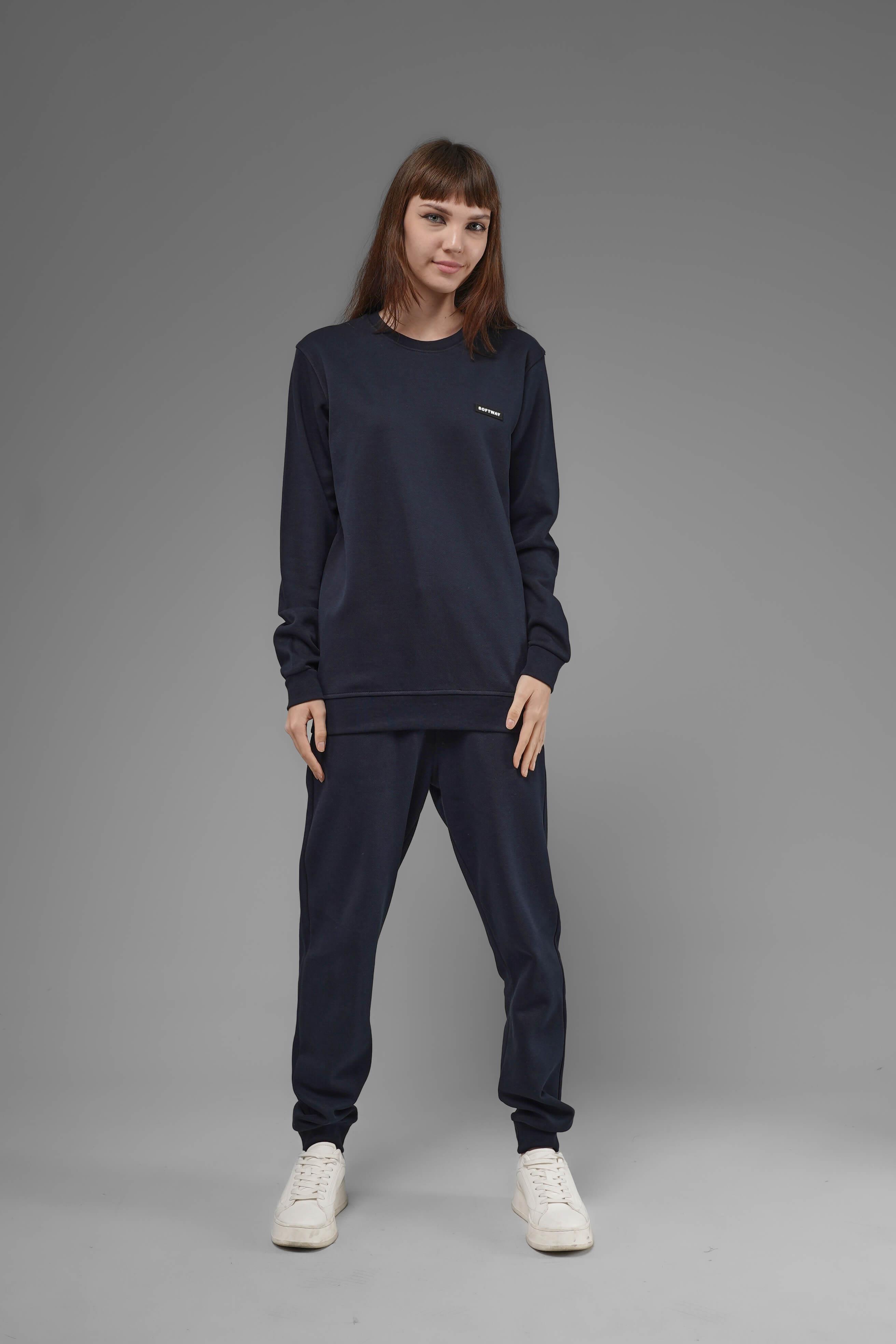 Unisex Regular Fit Bisiklet Yaka Dokulu İnterlok Pike Sweatshirt - Lacivert