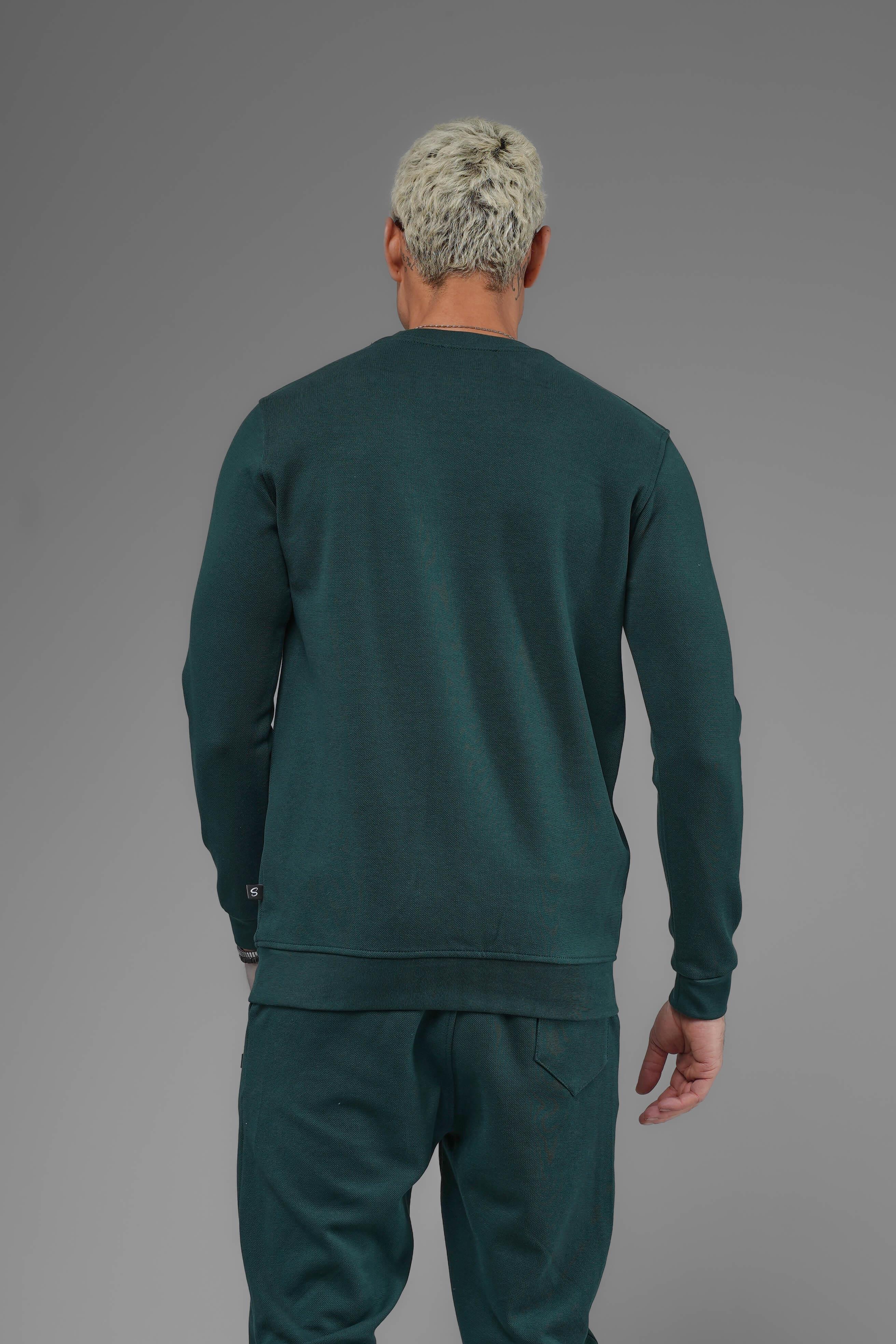 Unisex Regular Fit Bisiklet Yaka Dokulu İnterlok Pike Sweatshirt - Koyu Yeşil